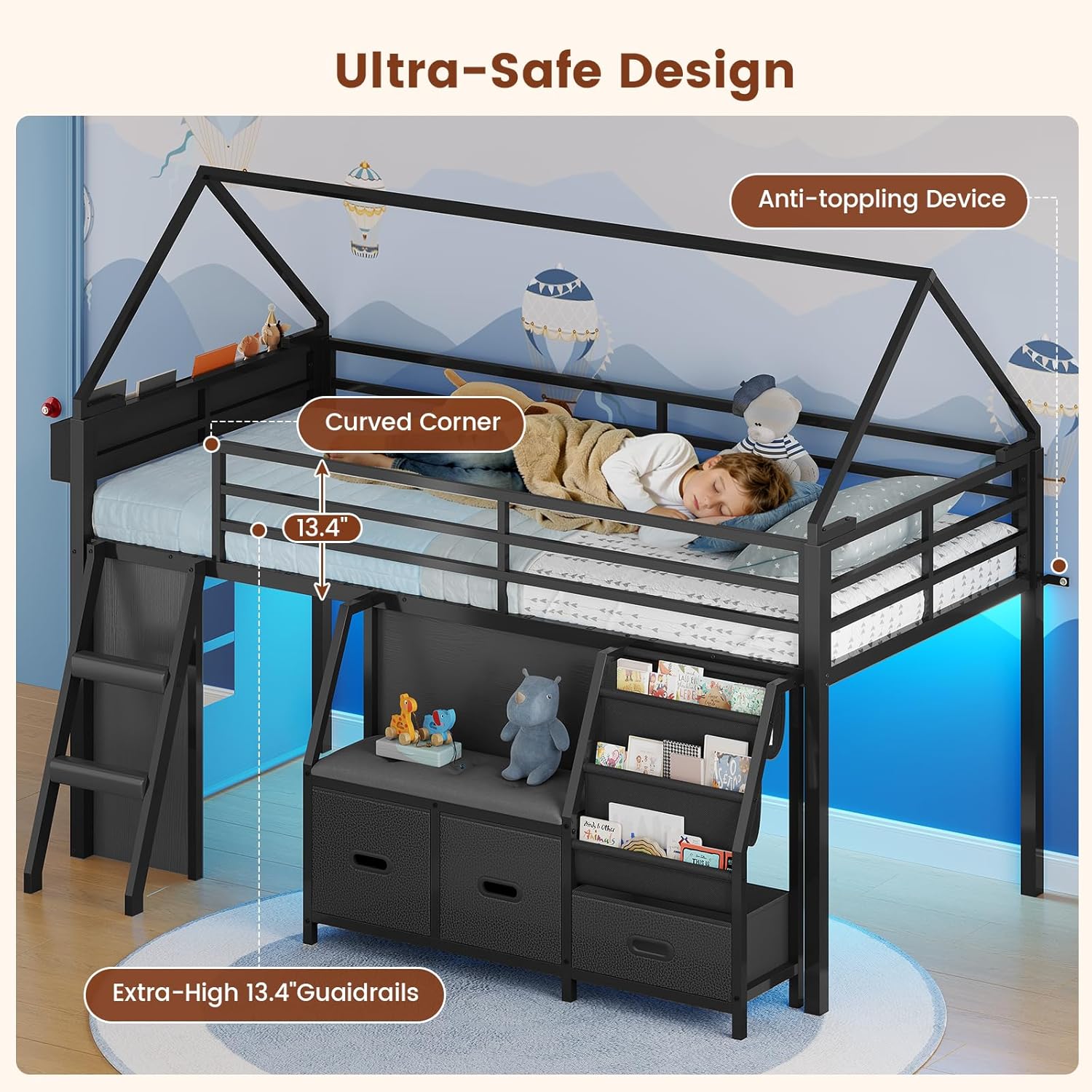 ADORNEVE Low Loft Bed Twin Size with Bookshelf, Reading Nook, LED Kids Loft Bed with 3 Drawers, Under-Bed Play Space, House Loft Beds with Safety Guardrail, Inclined Ladde & Play Curtain,Black