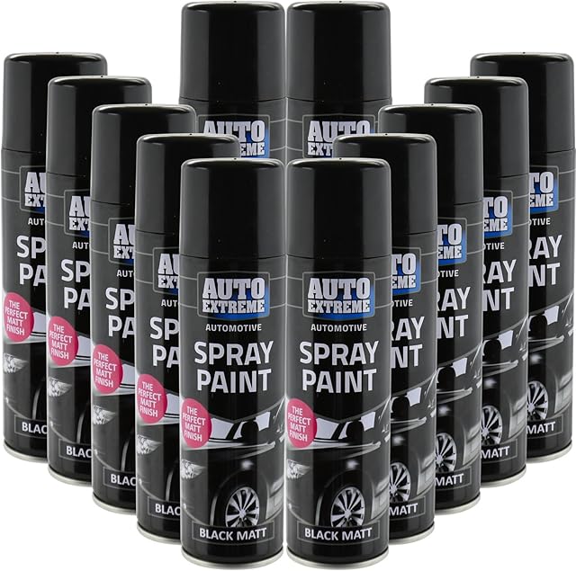 All Purpose Automotive Spray Paint 250ml Can Black Matt Finish Aerosol Metal Interior Exterior Fast Dry Excellent Coverage Adhesion- Black Matt - 12 Pack