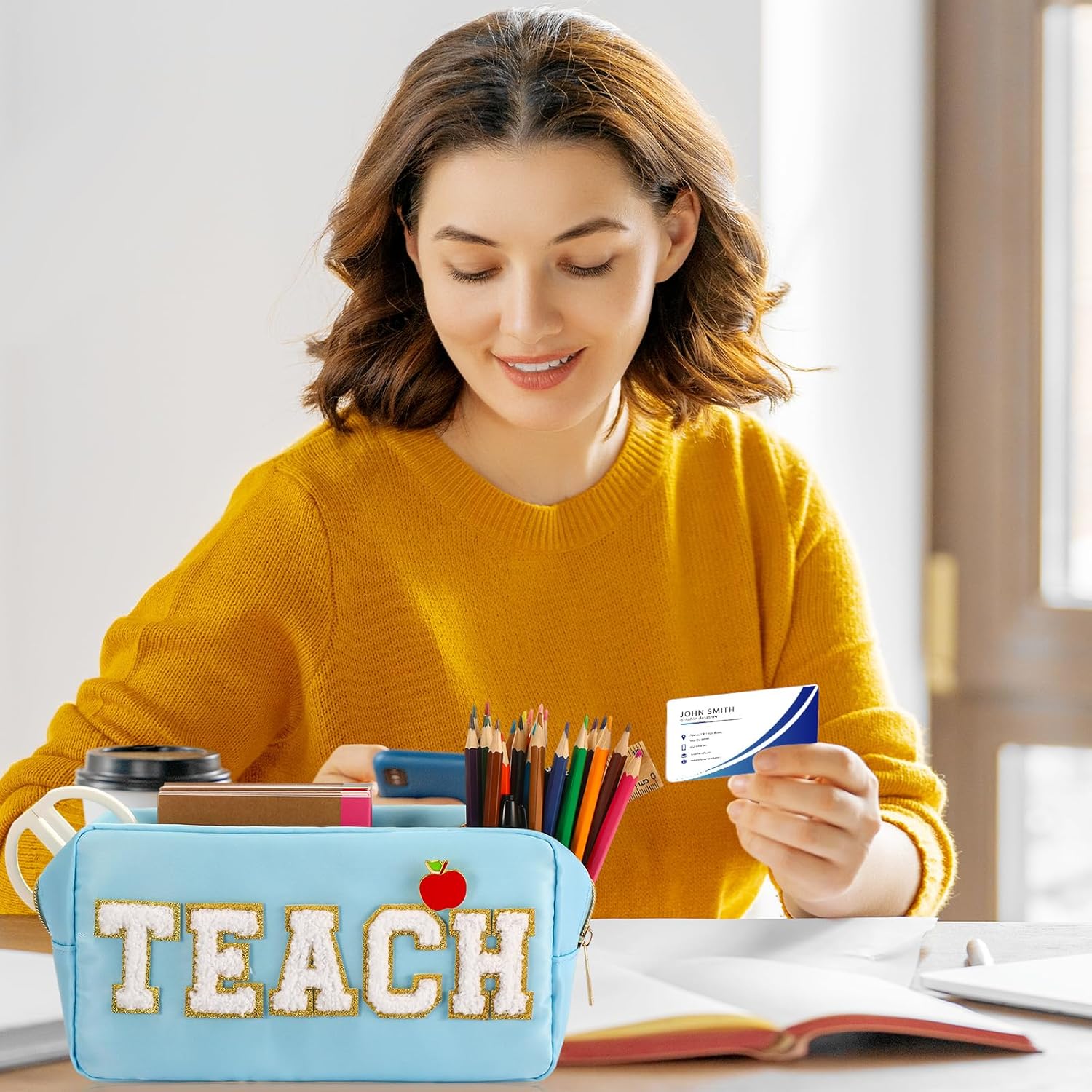 Kacctyen 6 Pcs Teacher Appreciation Gifts Teach Bags Bulk Chenille Makeup Bag Pouch Zipper Cosmetic Bag with 6 Pcs Preppy Apple Pins for Students Teacher Women School Graduation Retirement Gifts