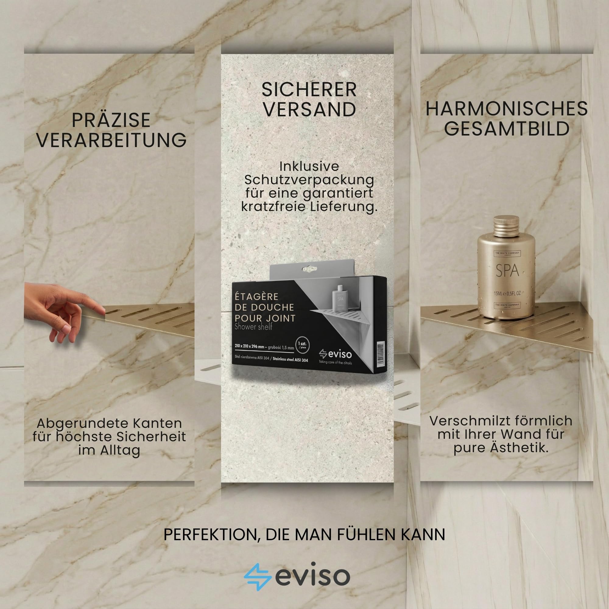 Eviso Estantería de Ducha Rinconera de Acero Inoxidable AISI 304, Estante Esquinero Trapezoidal de Diseño para Baño sin Taladro, Montaje en Junta Resistente a la Corrosión y Humedad, Blanco Mate