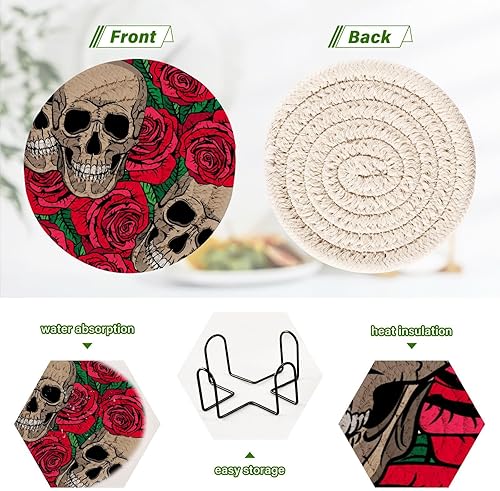 Miniatura 4 de Skulls Red Roses Coasters for Drinks Set of 6 Woven Drink Coasters with Holder for Living Room Bar Table Office Home Decor