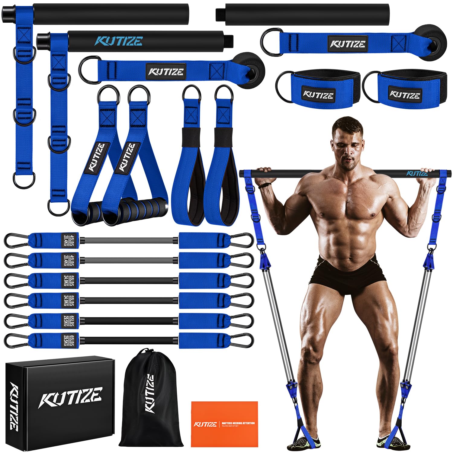 KUTIZE Pilates Bar Kit with Resistance Bands, Heavy Duty Pilates Equipment for Men, Training Bands with Handles for Legs, Hip, Back, Arm, Abs, Chest,