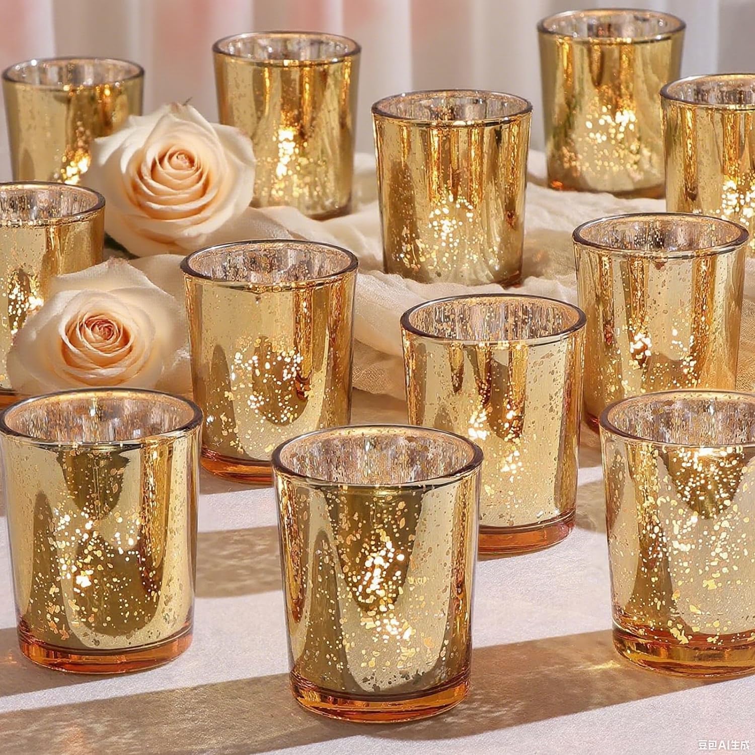 12pcs Candle Holders, Gold Glass Tea Light Holders Bulk for Weddings, Events, Table Centrepiece, Christmas, Valentine, and Party and Holiday Decorations
