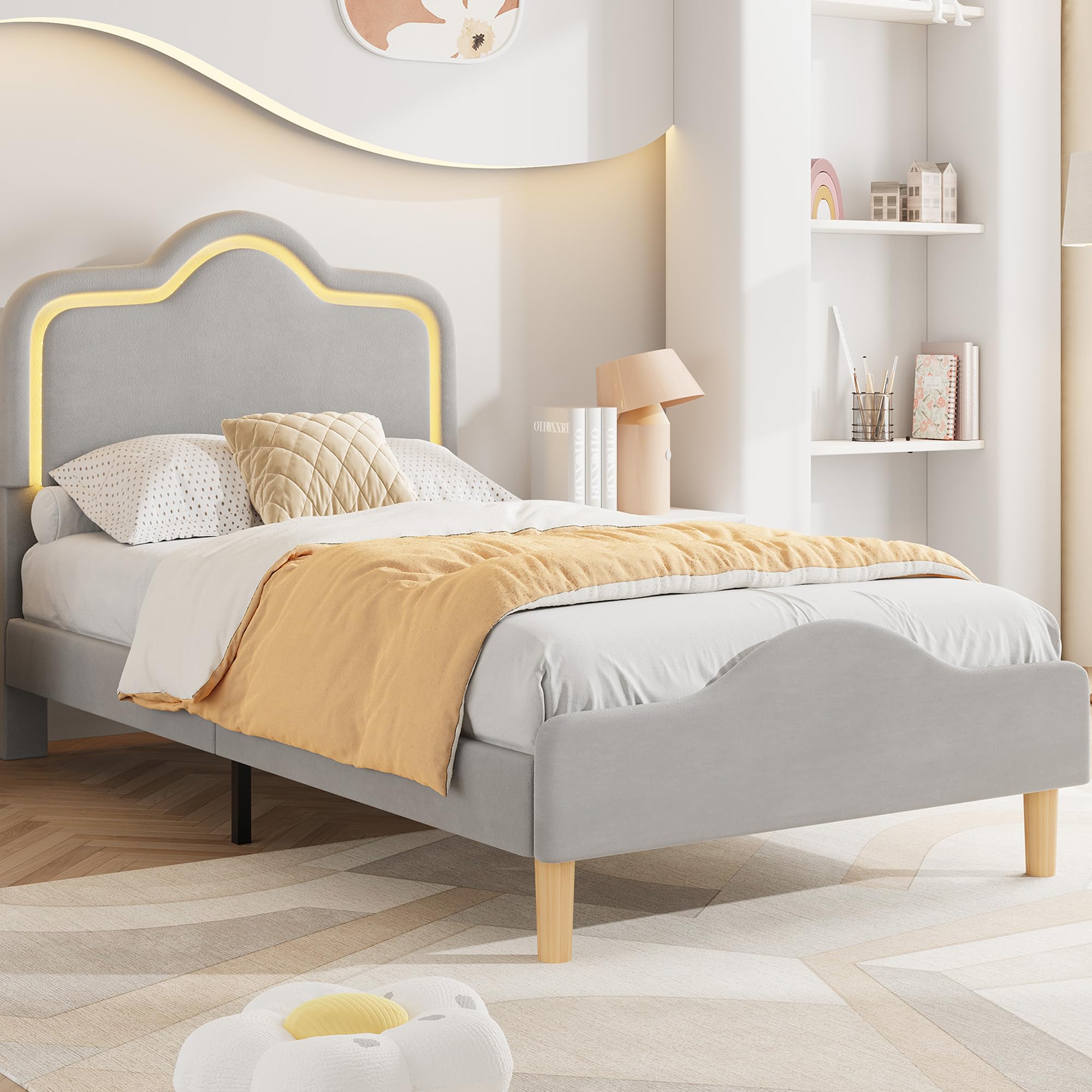 IDEALHOUSE Twin Size Bed Frame with LED Lights, Velvet Upholstered Platform Bed with Adjustable Headboard for Kids/Girls, Wooden Slats Support, No Box