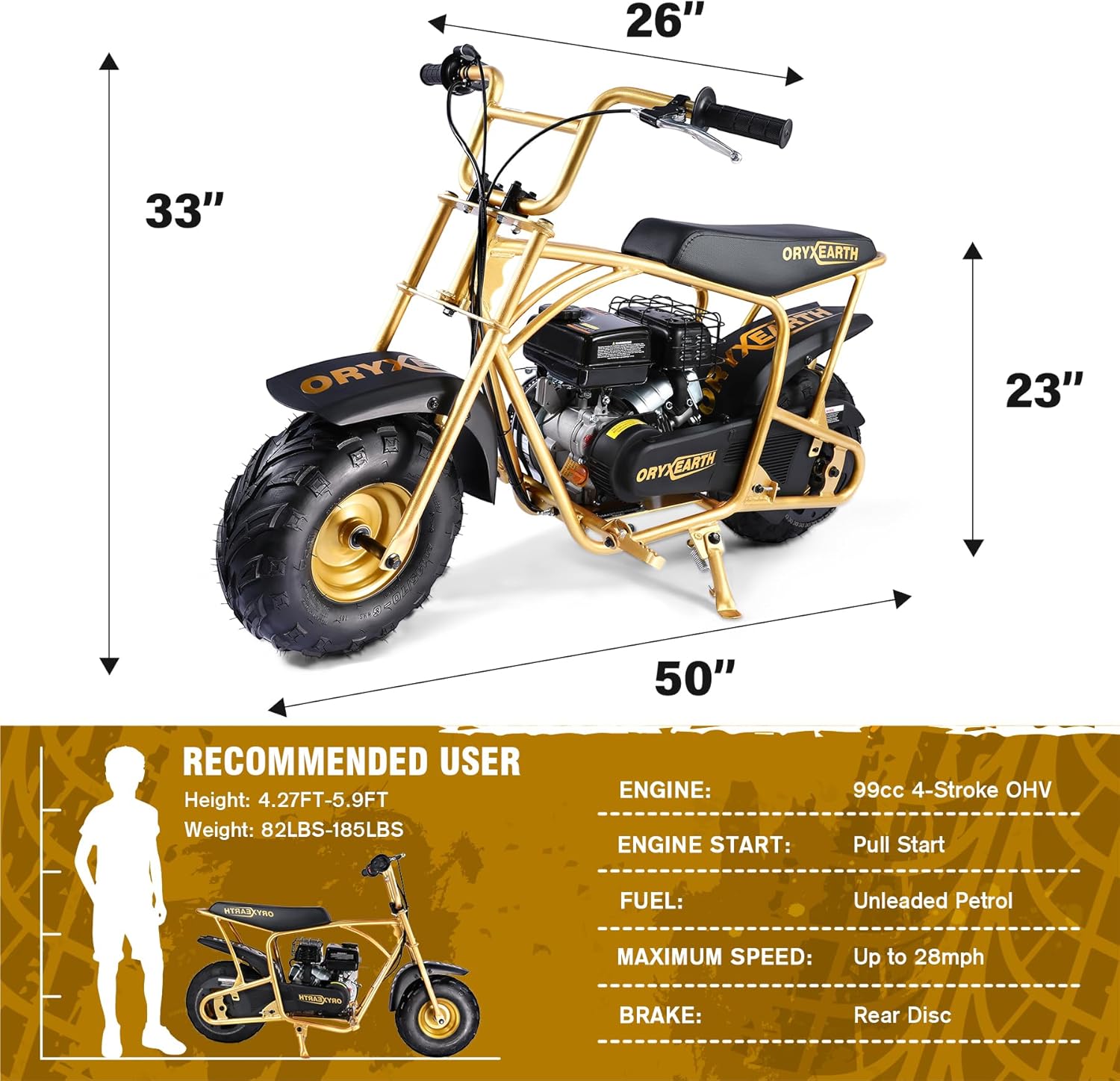Oryxearth 99CC 4-Stroke Mini Bike, Exclusive Limited Edition with Golden Frame & Rims, Automatic Transmission, Includes Certificate, Collectible Metal Tag & Custom Cover