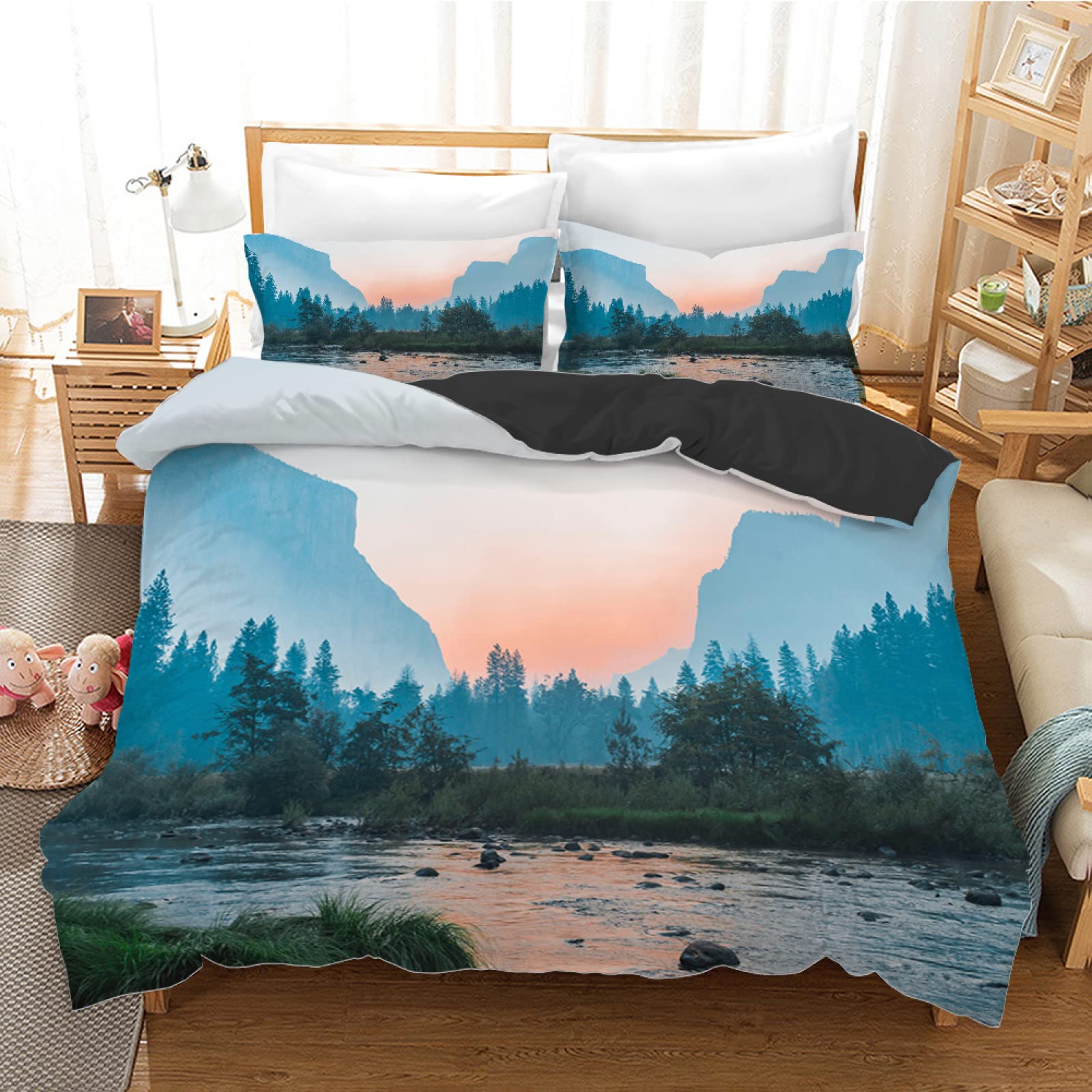 Housse de Couette 140x200 Paysage Bleu en Microfibre avec 2 Taies d'Oreiller pour Lit Enfant et Ado