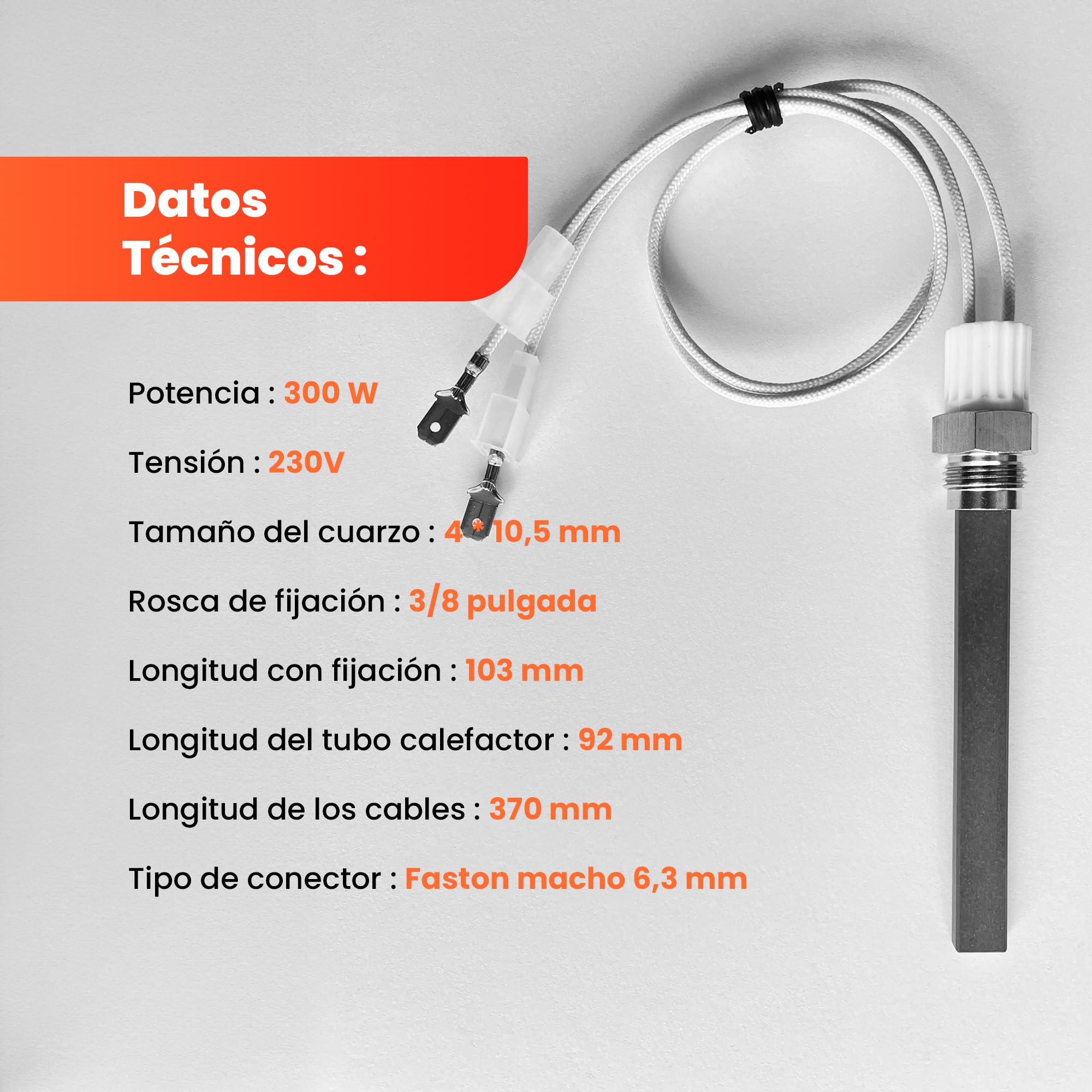 PS13-230-300 - Vela de cuarzo para estufa de pellets (300 W, 90/126 mm, diámetro 11,5 x 4 mm, rosca 3/8)