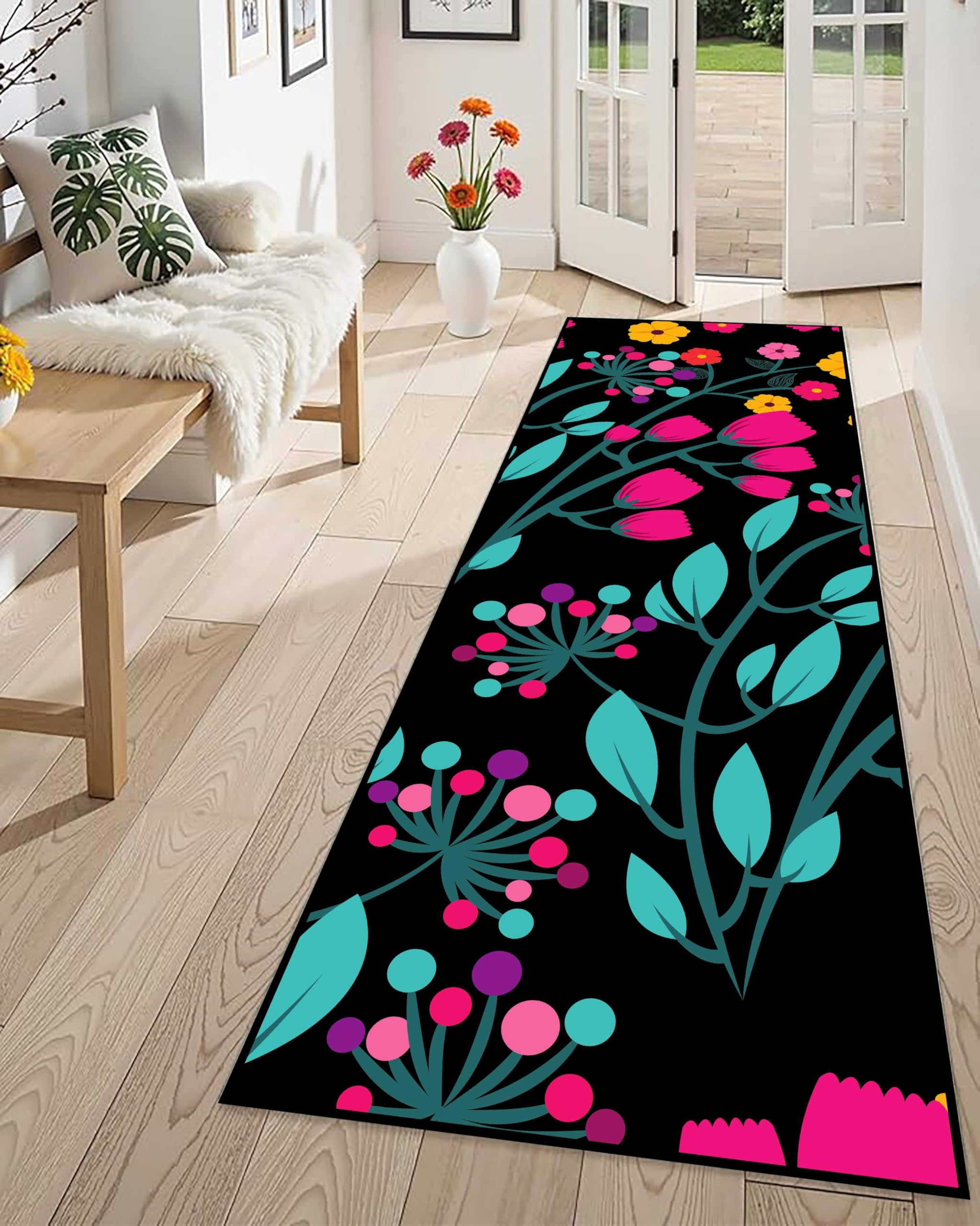Kuluoits Cute Leaf Runner Rug for Hallway,65x300cm, Colorful Floral Washable Indoor Long Kitchen Runner Black Area Rugs, Soft and Breathable Thin Long Entrance Rugs for Kitchen Living Room Bedroom โ image 1