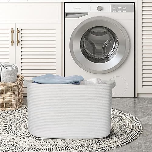Miniatura 7 de Cesta de almacenamiento extra grande blanca, 23.6" x 17" x 12" rectangular para cobijas para sala de estar, cesta tejida de cuerda de algodón