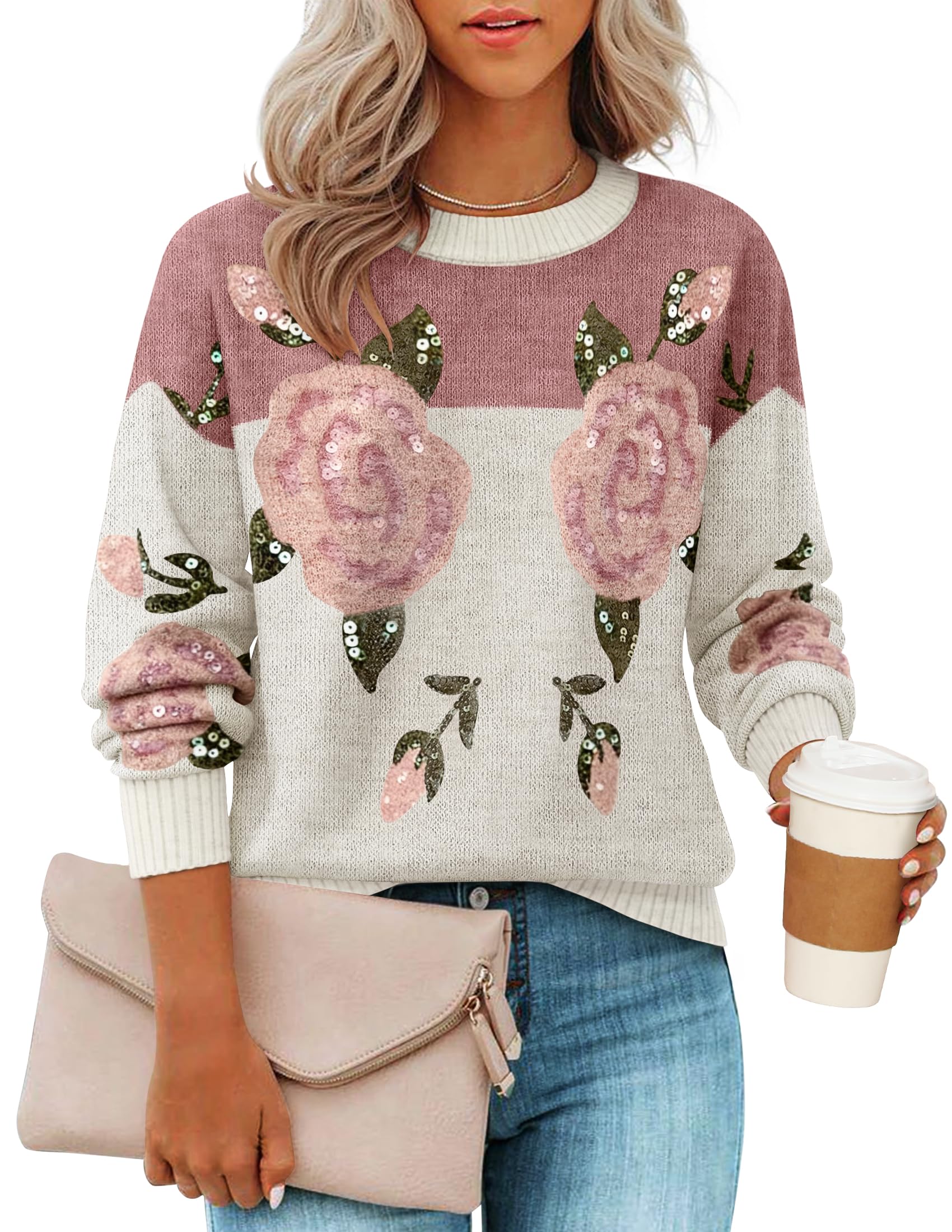ZESICA Womens Floral Oversized Sweaters 2026 Fall Crewneck Long Sleeve Casual Chunky Knit Pullover Sweater Tops