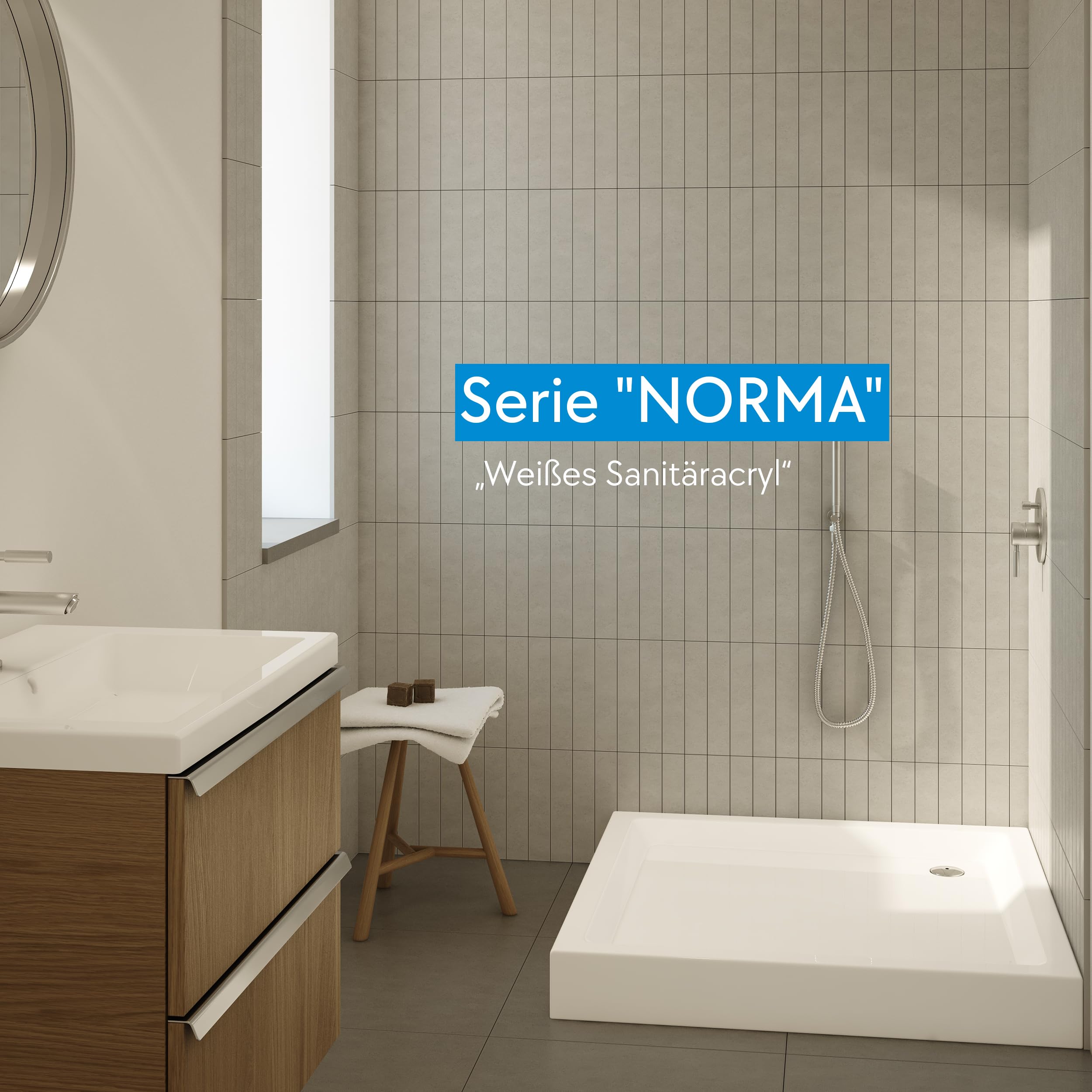 Aquabad Duschwanne NORMA, Maße 90x90cm Quadrat für Duschecke, Duschnische, 3x integrierte Standvorrichtung, Domoplex Siphon, Weißes Sanitäracryl