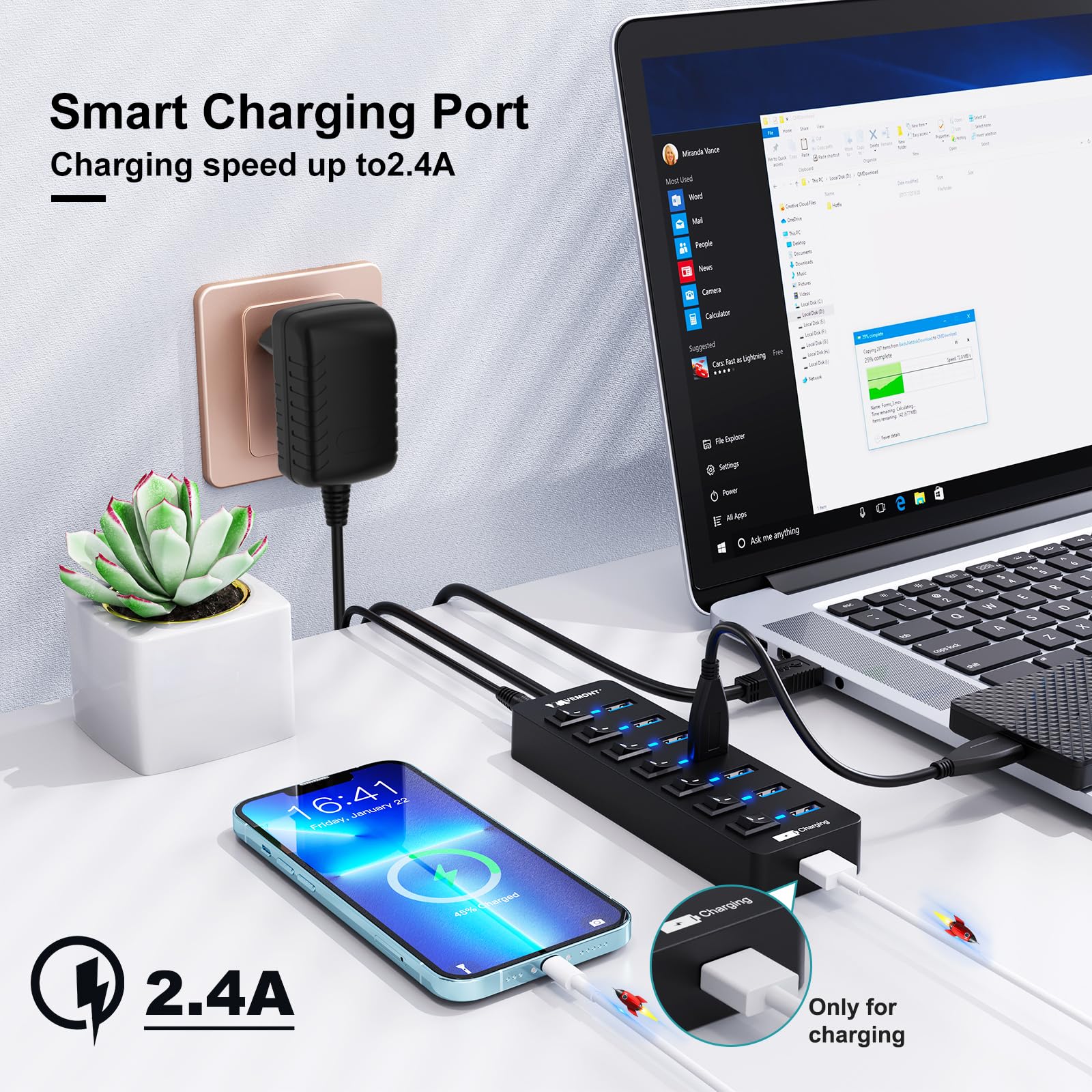 VEMONT - Hub USB Activo 3.0 con Fuente de alimentación, Distribuidor USB de 7 Puertos y 1 Carga Inteligente con 5 V/3 A, Divisor con Interruptor Individual y Cable de 1,2 m de Largo para PC/Ordenador