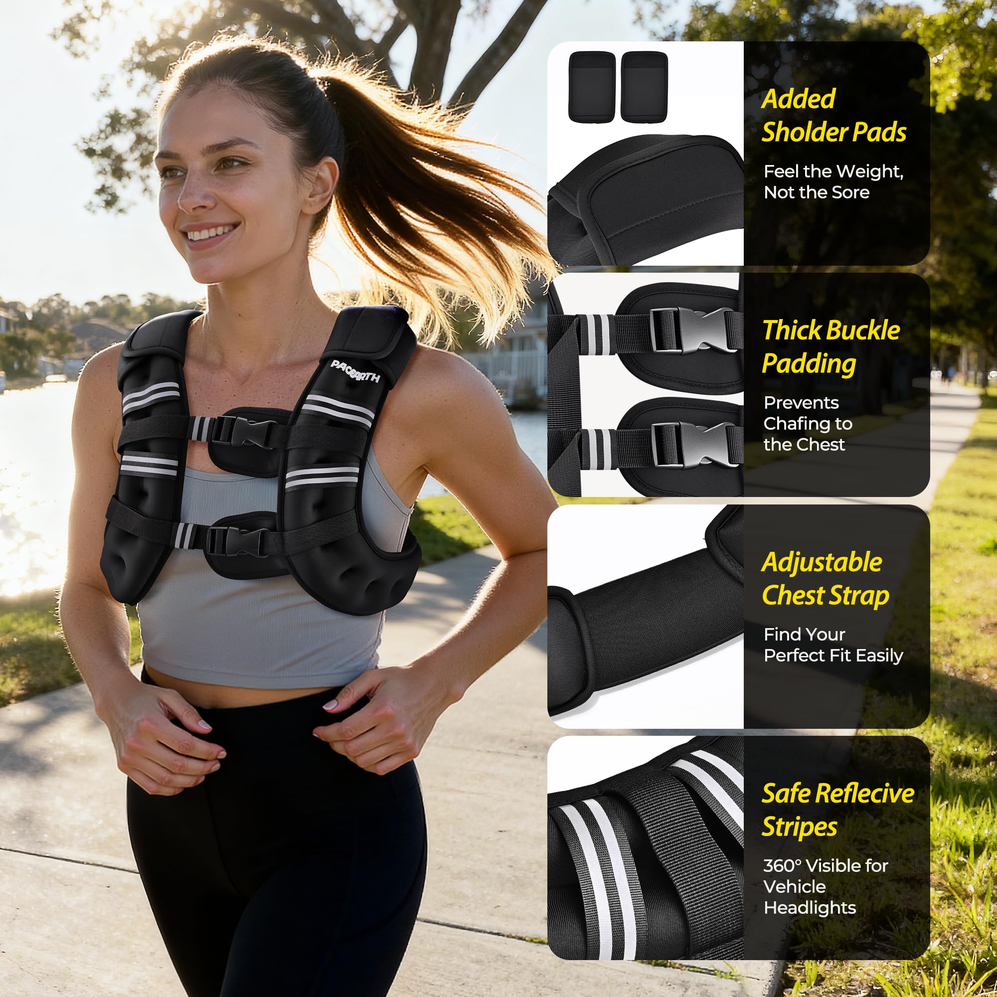 PACEARTH Weighted Vest, 6lb/10lb/12lb/16lb/25lb/30lb Weight Vest with Reflective Stripe, Body Weight Vests Adjustable for Men, Women Workout, Strength Training, Running, Walking, Jogging - 5