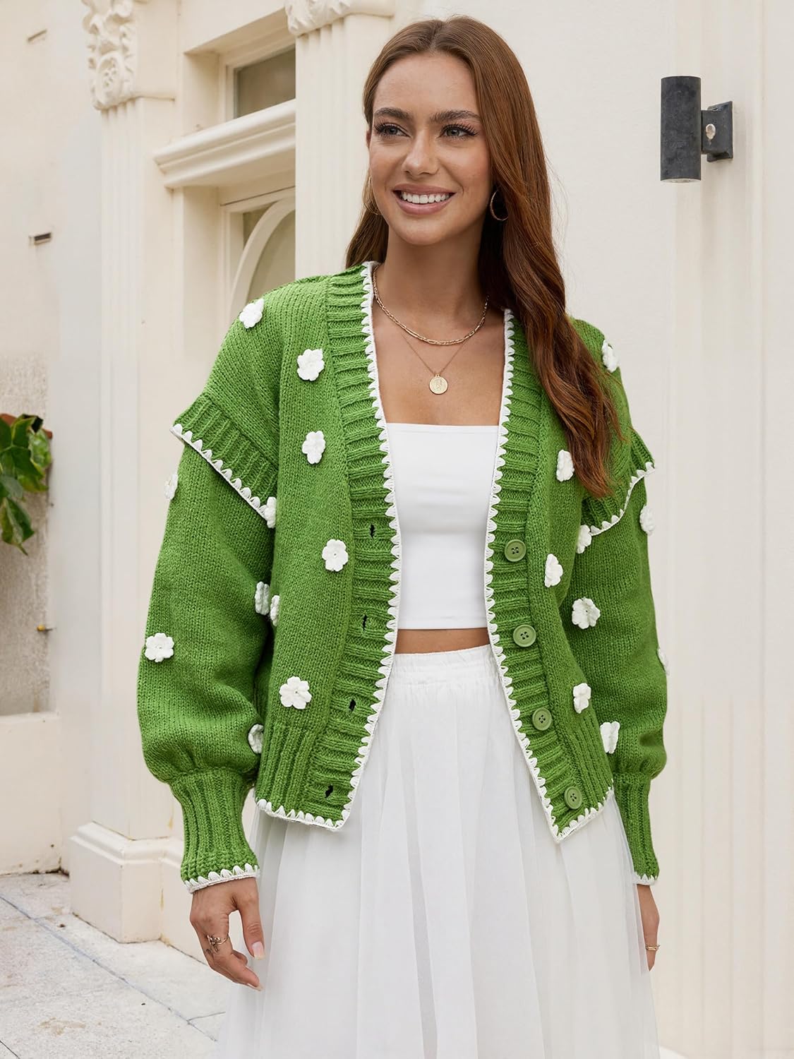 Womens Floral Cardigan Sweater Chunky Knit Drop Shoulder V Neck Button Down Embroidered Flower Cardigan Tops