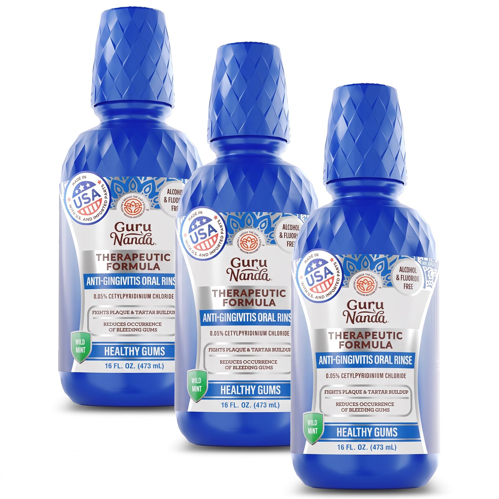 GuruNanda Healthy Gums Mouthwash for Gingivitis &amp; Bleeding Gums – Antigingivitis Oral Rinse with 0.05% CPC – Alcohol-Free, Fluoride-Free Plaque Control – Wild Mint, 16 oz (Pack of 3)