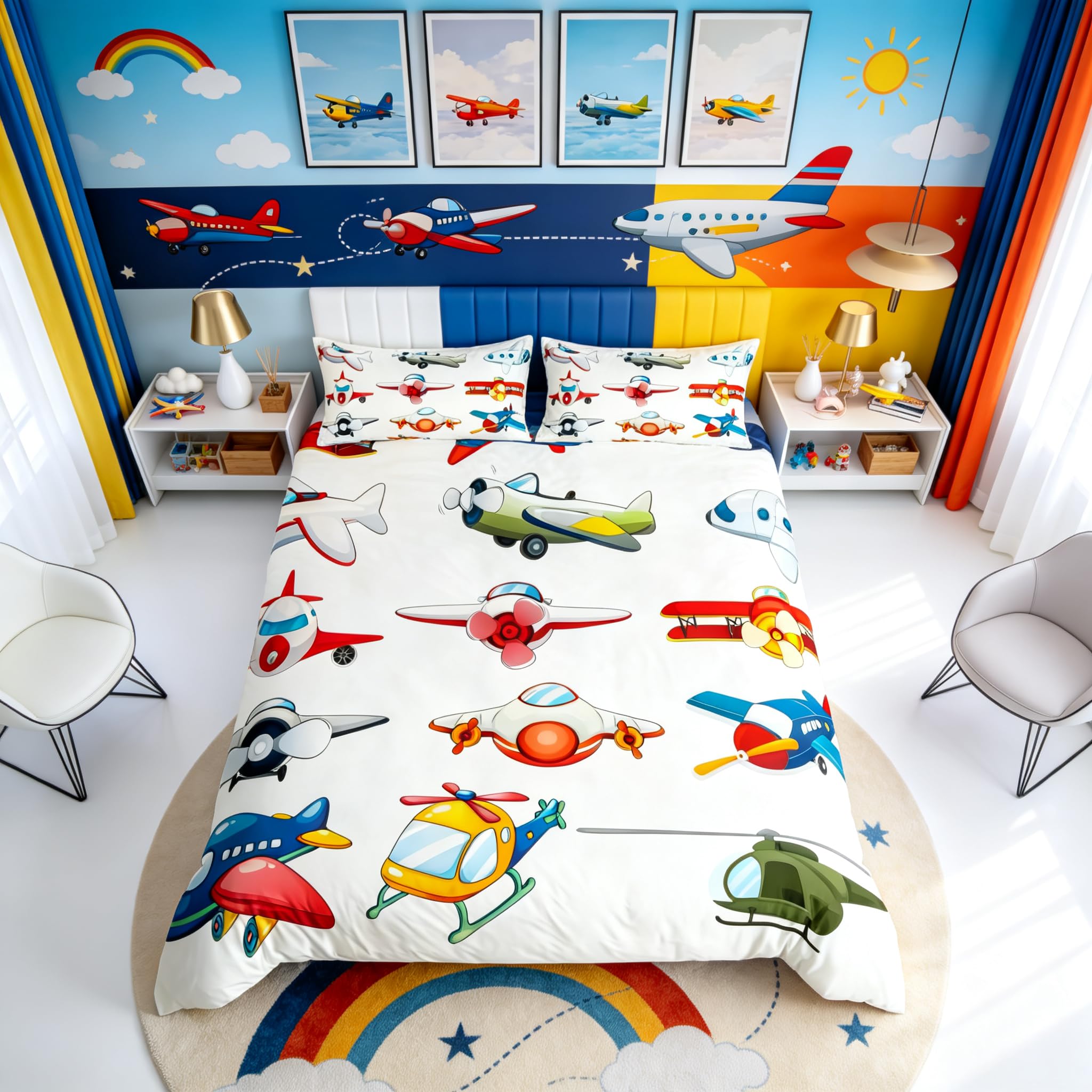 Loussiesd Aircraft Bedding Set Kids Cute Planes Duvet Cover Cartoon Airplane Comforter Cover for Children Boys Girls Helicopter Flying Junior/Cot Bed Microfiber & Linen Travel Bedclothes