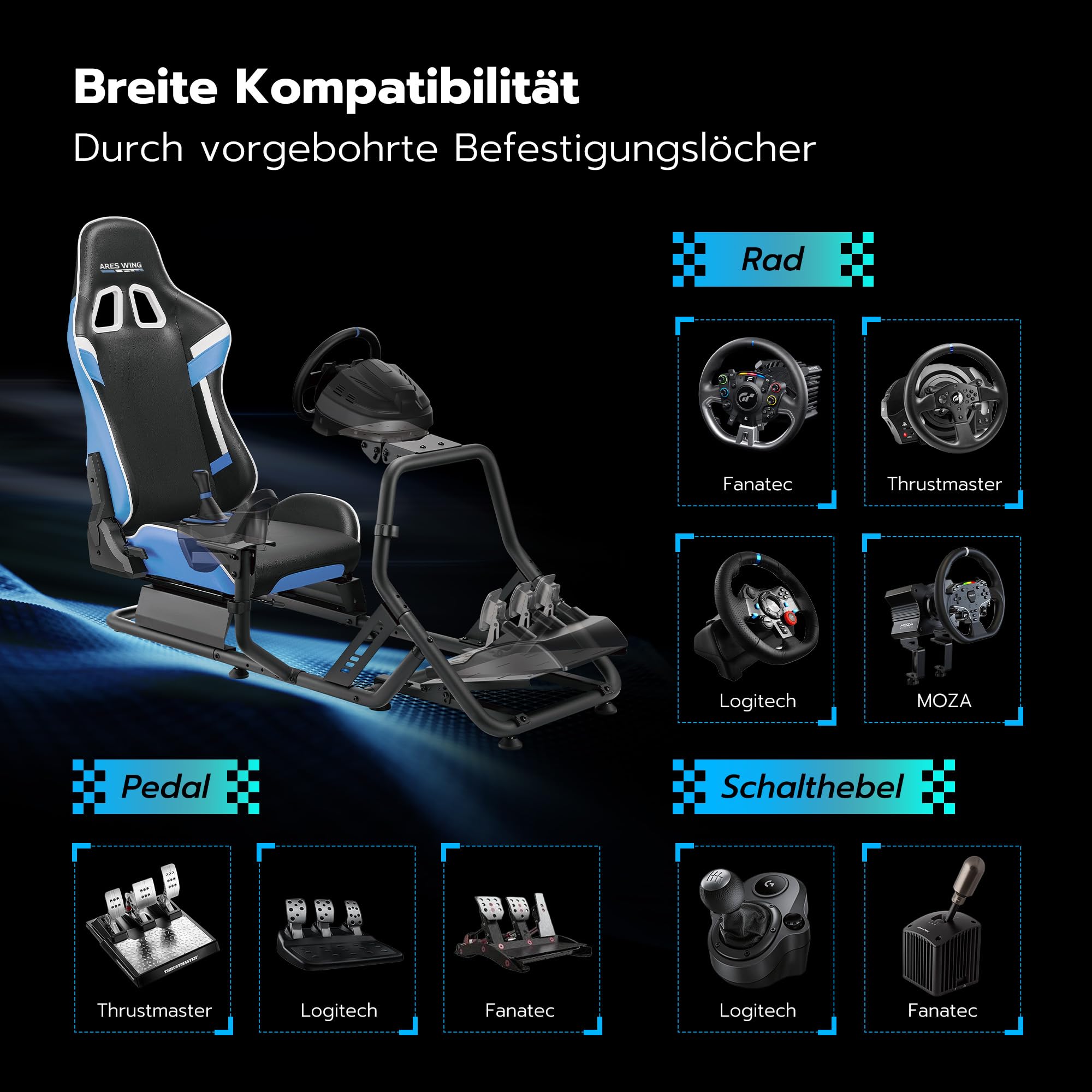 ARES WING Racing Simulator Cockpit mit Sitz, Blau | SIM Racing Cockpit Kompatibel mit Fanatec, Thrustmaster, Moza Racing Games Kompatibel mit PS, Xbox und PC