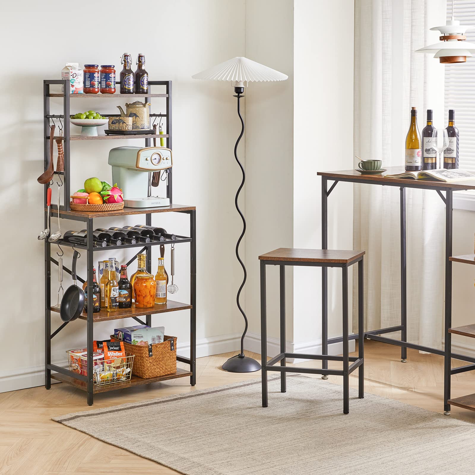 YMYNY Küchenregal, Bäckerregal Standregal mit Haken, Mikrowellenregal mit 6 Ablagen, Weinregal, Industrie Design, Mehrzweck-Organizer, für Mikrowelle, Kochutensilien Braun-schwarz HBR003H