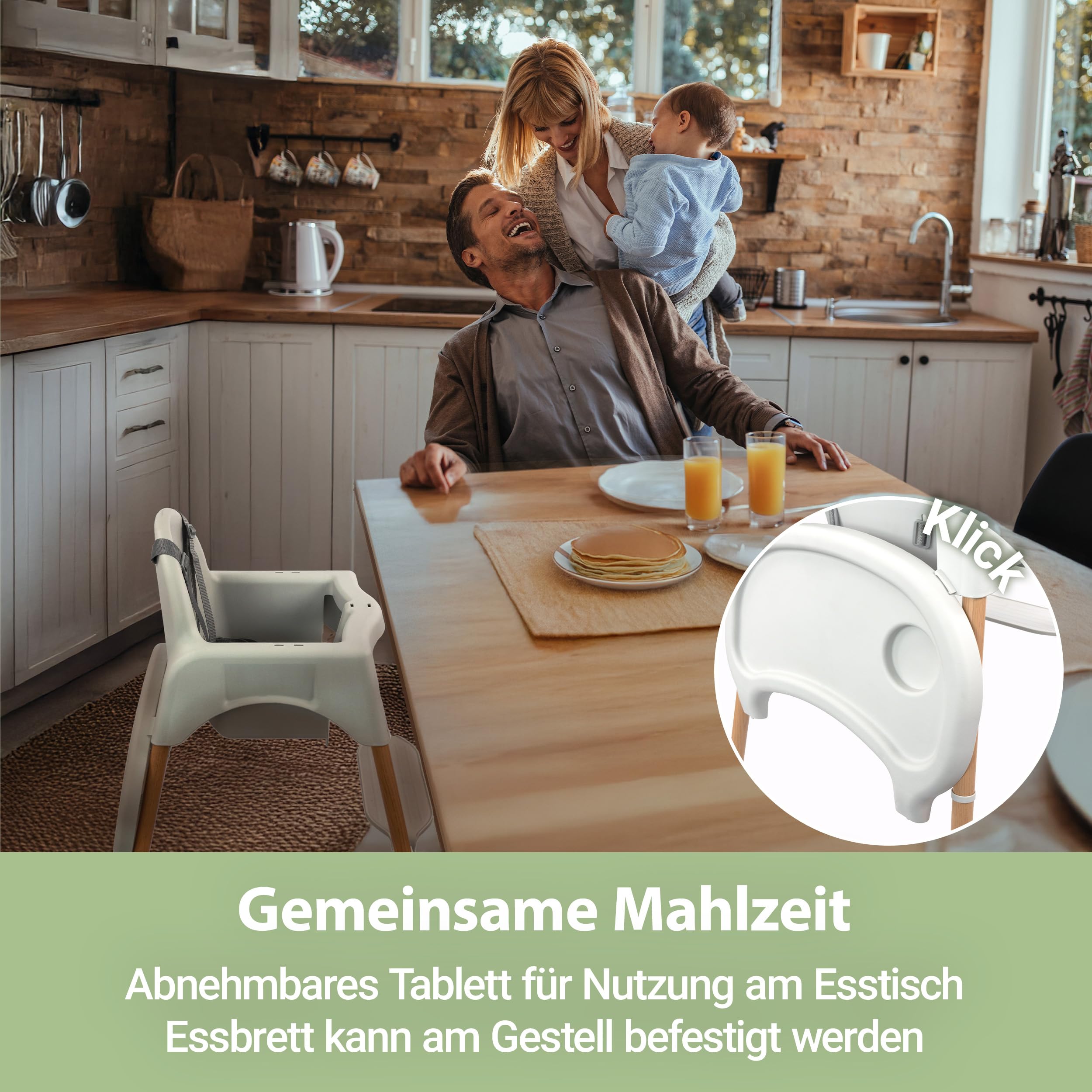 Zamboo Hochstuhl Baby ab 6 Monate | leichter Kinderhochstuhl (3,5 kg) mit edler Holzoptik, großem abnehmbarem Tablett und 5-Punktgurt | EN 14988:2017 geprüft, kippsicher, bis 15 kg - Grau