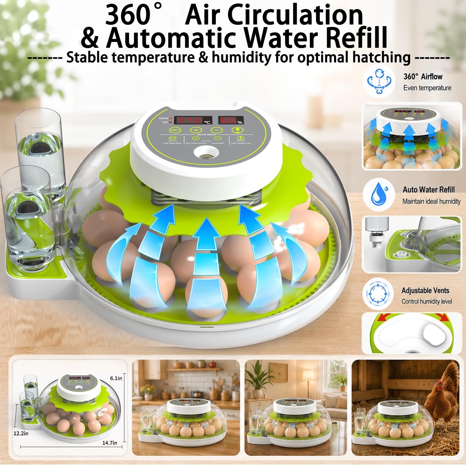 Incubatrice per uova 18/60 con display di umidità, candela per uova, tornitrice automatica per uova, incubatrice per uova di pollame, anatre, anatre, quaglie, verde