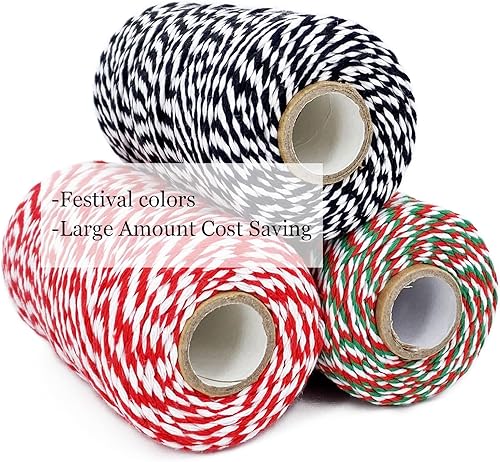 Miniatura 3 de Leecogo Cuerda de Navidad, 3 rollos de 984 pies, cordel de algodón para panaderos, cuerda de algodón natural, rojo y blanco, cuerda para envolver