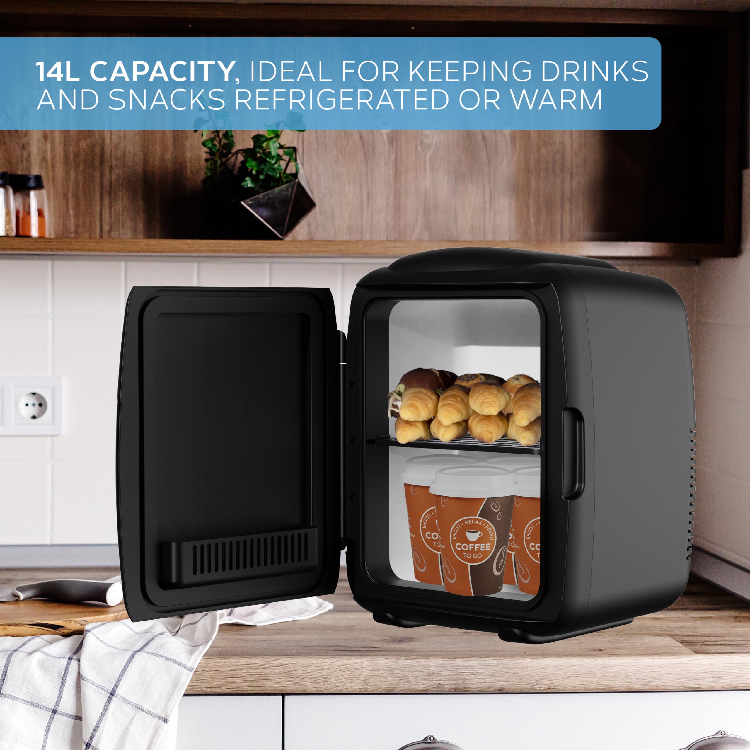 MONCOOK Mini Fridge For Bedrooms - Small, Portable & Quiet Mini Fridges For Skincare, Medicine, Food & Drinks - Cooling & Warming Function - Perfect For Home, Office, Car Or Travel - 14L - Black Mono — view 6