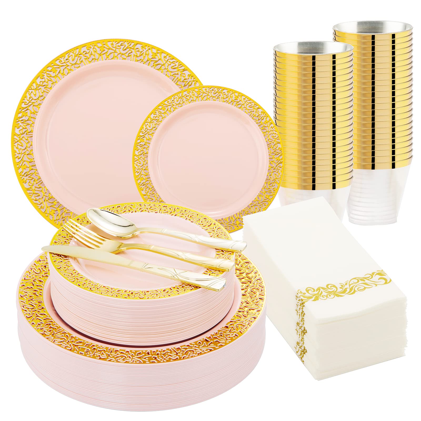 LUODA 210PCS Pink Plastic Plates, Disposable Gold Dinnerware set, Includes: 30 Dinner Plates, 30 Dessert Plates, 30 Silverware Sets, 30 Gold Cups, 30 Napkin, Perfect for Easter &Spring Party