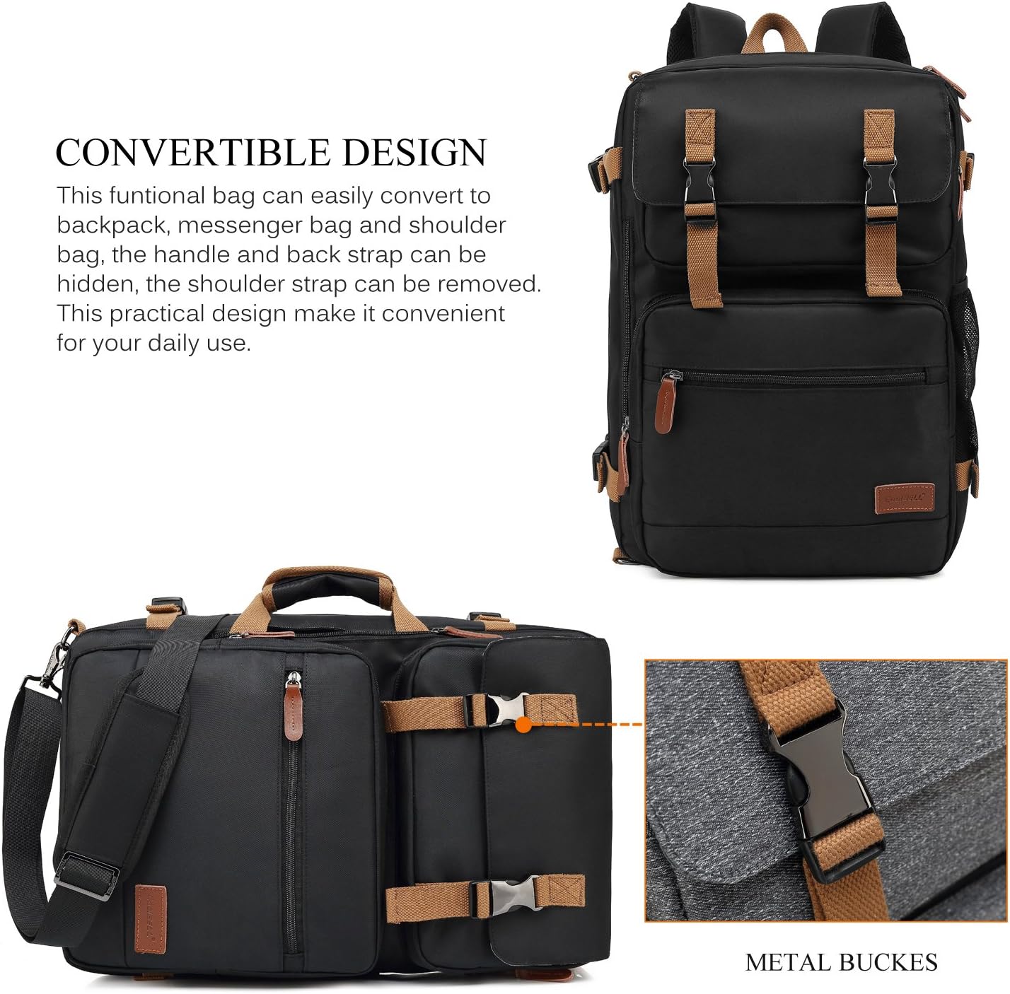 CoolBELL Convertible Briefcase Backpack Messenger Bag Shoulder bag Laptop Case Business Briefcase Travel Rucksack Multi-functional Handbag Fits 15.6 Inch Laptop For Men/Women (Black)