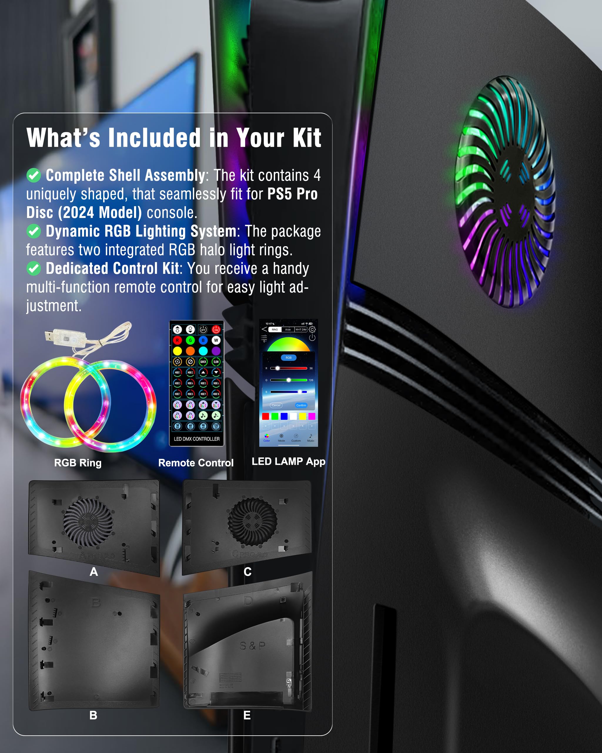 Joso Pannello frontale per PS5 Pro Disc Edition, custodia di ricambio antigraffio antipolvere con anello RGB, copertura adatta per PS5 Pro (CD-ROM), piastre per accessori PS5 Pro, nero