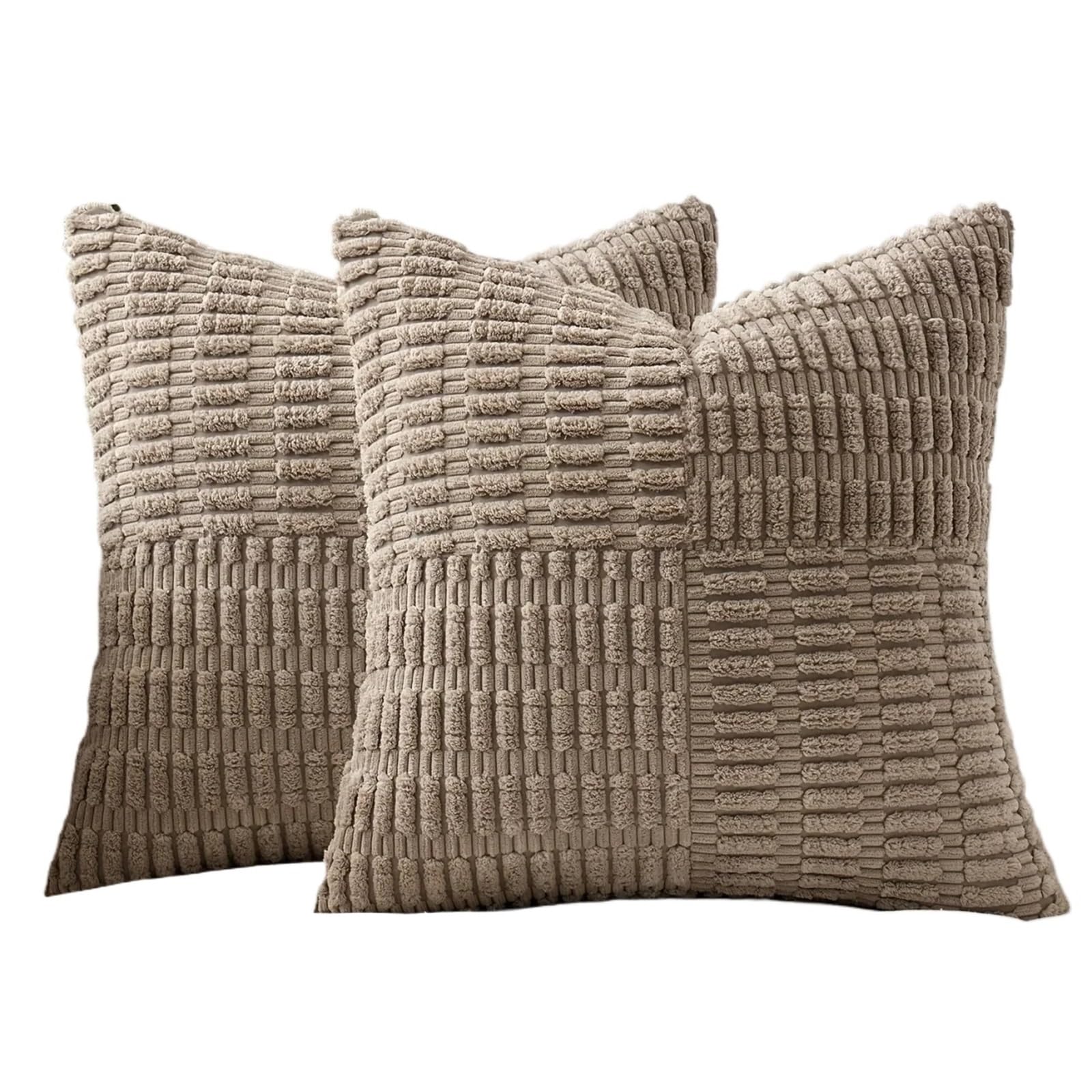 HEUchuan Corduroy Cushion Covers 2Pcs Throw Pillow Covers 18x18 Inch Soft Corduroy Cover Boho Textured Striped Patchwork Cushion Case for Couch Sofa Bed for Sofa Couch Bedroom(Brown)