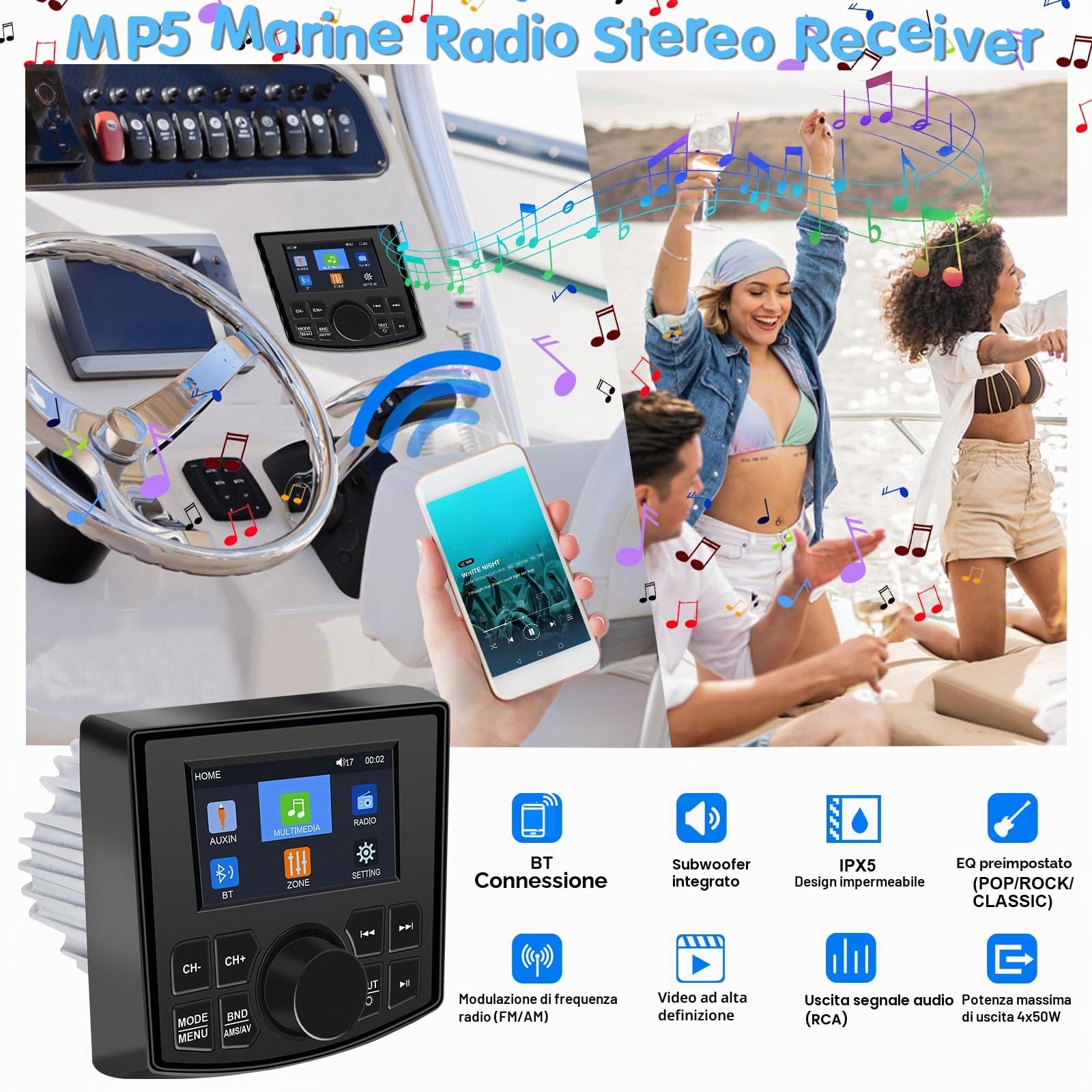 Geloo FM/AM Radio Marine Stereo Barca Marino Autoradio Impermeabile per Barca Nautica, MP5 Player Universal con 4 Pollici Digitale Display per Barche, Yacht, Golf Cart, ATV, Camper,SUV