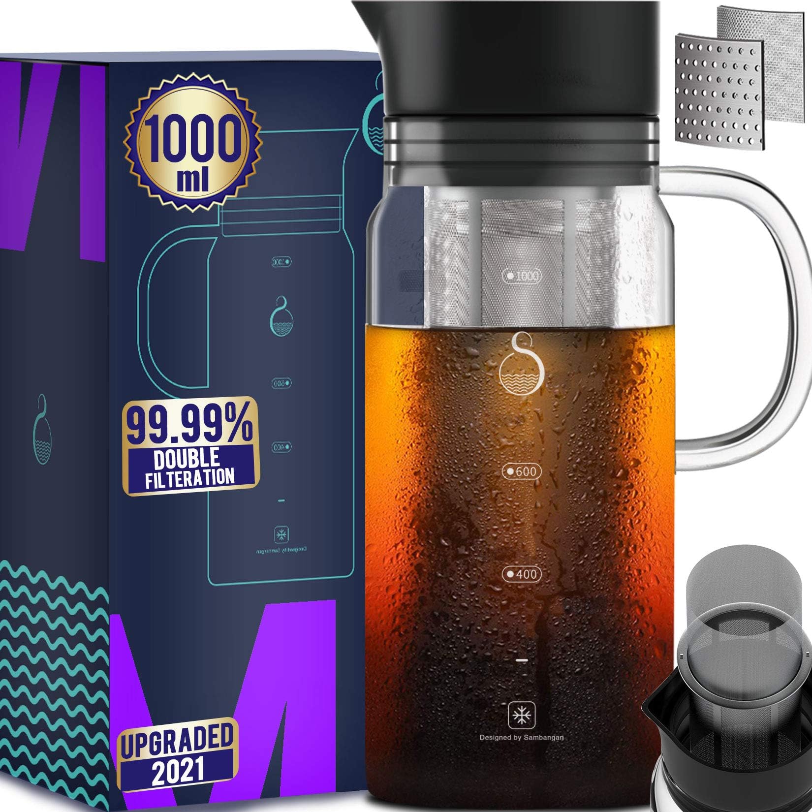 SAMBANGAN 100% Airtight Cold Brew Iced Coffee Maker 1.0L / 34oz with Grounds Free Double Mesh Food Grade 304 Stainless Steel Filter