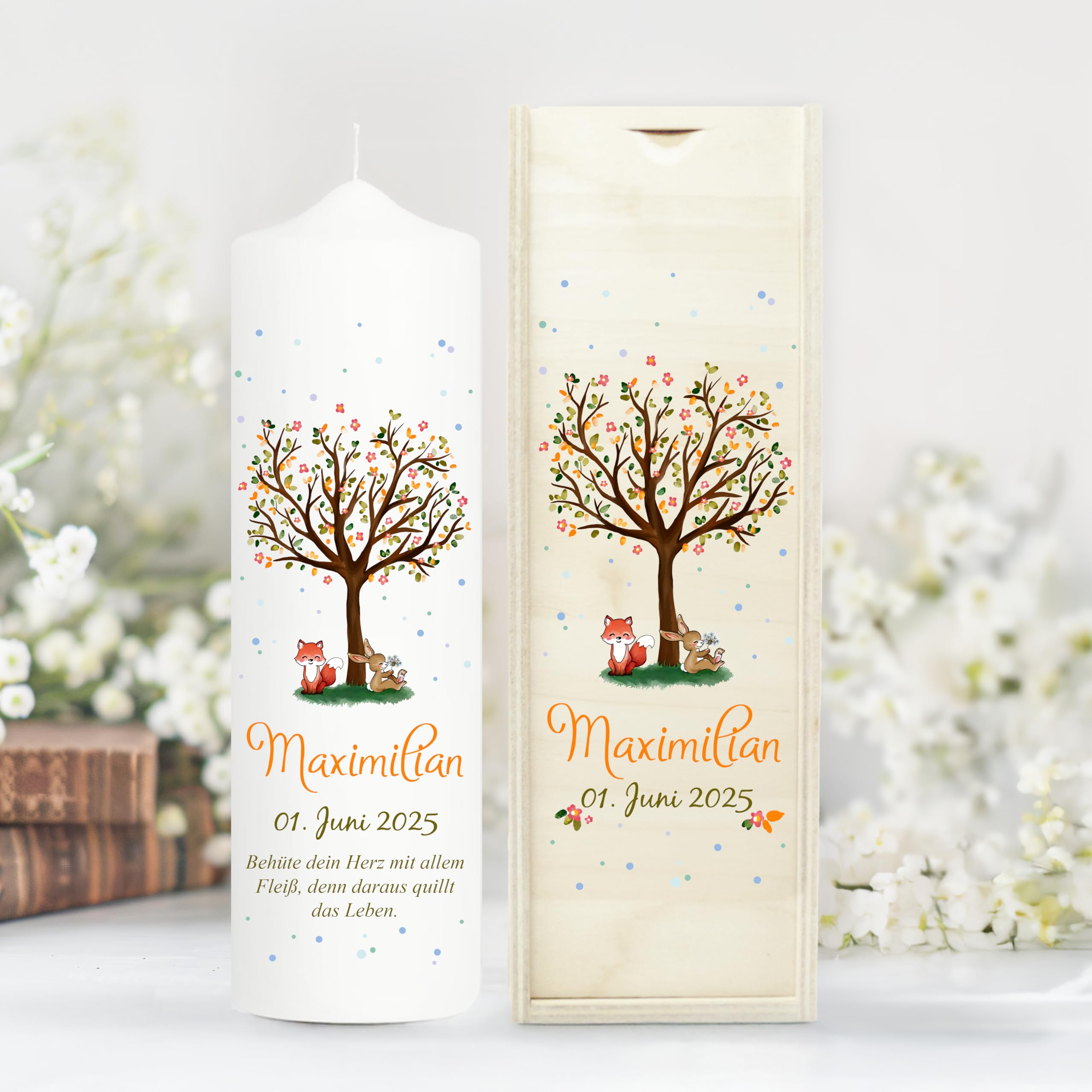 Wandtattoo Loft Taufkerze Junge Motiv Baum mit Hase und Fuchs, 25cm x 7cm, personalisierte Kerze, bedruckte Kerze zur Taufe, Stumpenkerze, individuelles Taufgeschenk