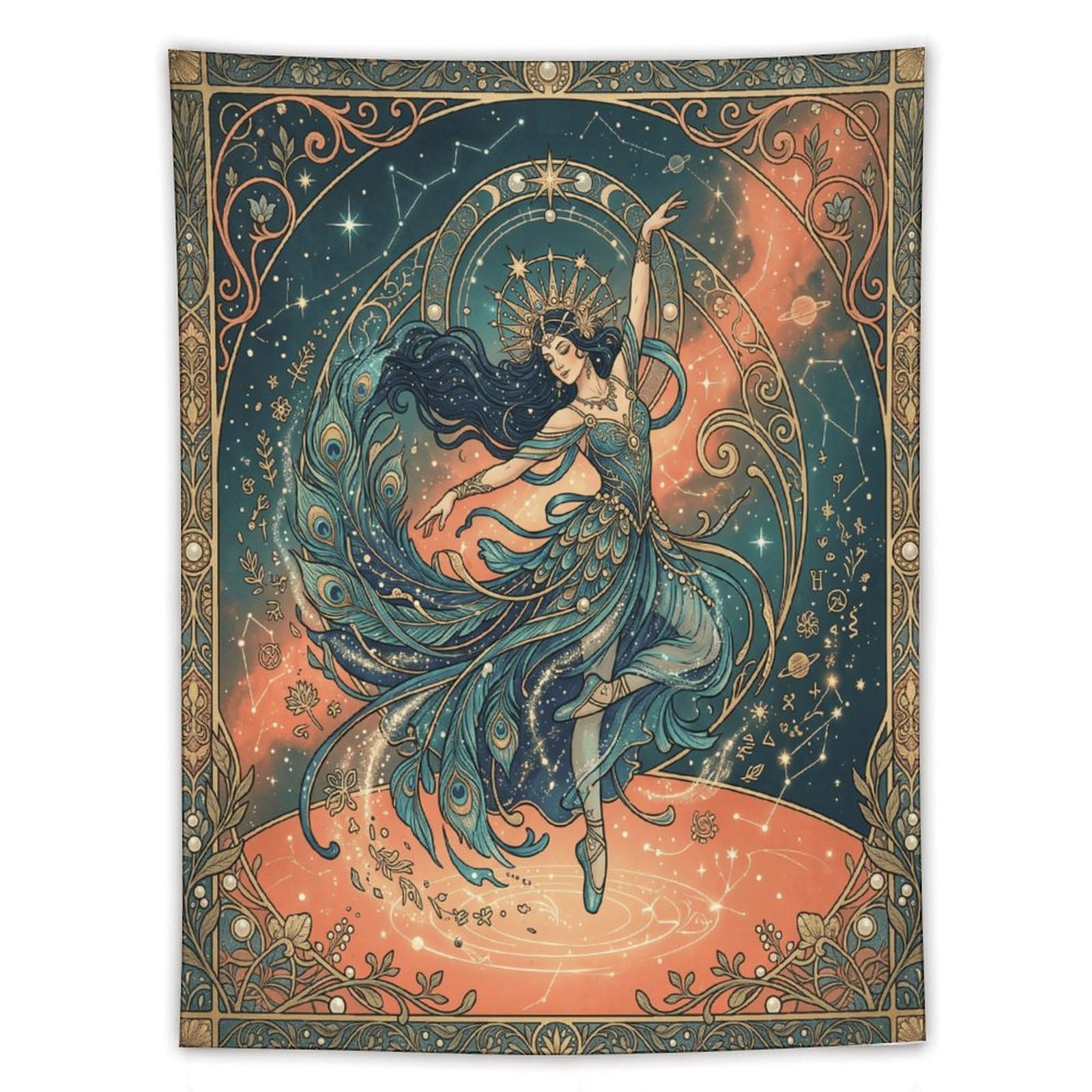 H3B8U2Y5 Peacock Dancer Vintage Wall Tapestry, Detailed Illustration