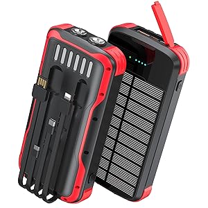 SOXONO Solar Charger Power Bank, PD 20W Fast Charging External Batter, 40000mAh Portable Phone Charger Built in 4 Cables with Dual Bright Flashlights for Camping, Hiking, and Outdoor UseRED