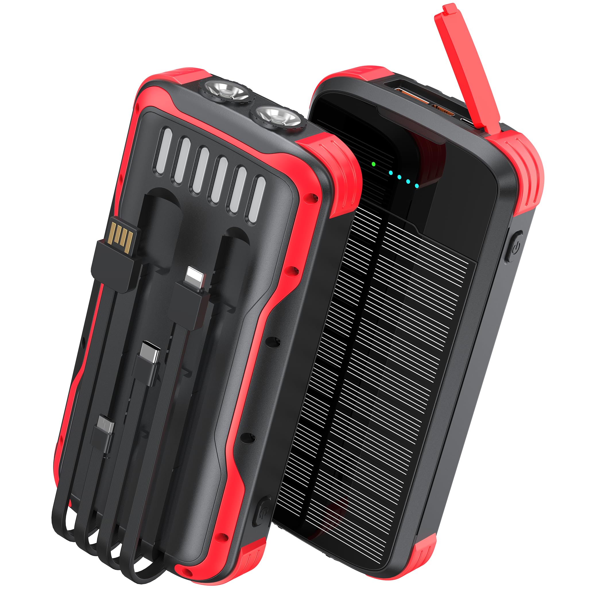 SOXONO Solar Charger Power Bank, PD 20W Fast Charging External Batter, 40000mAh Portable Phone Charger Built in 4 Cables with Dual Bright Flashlights