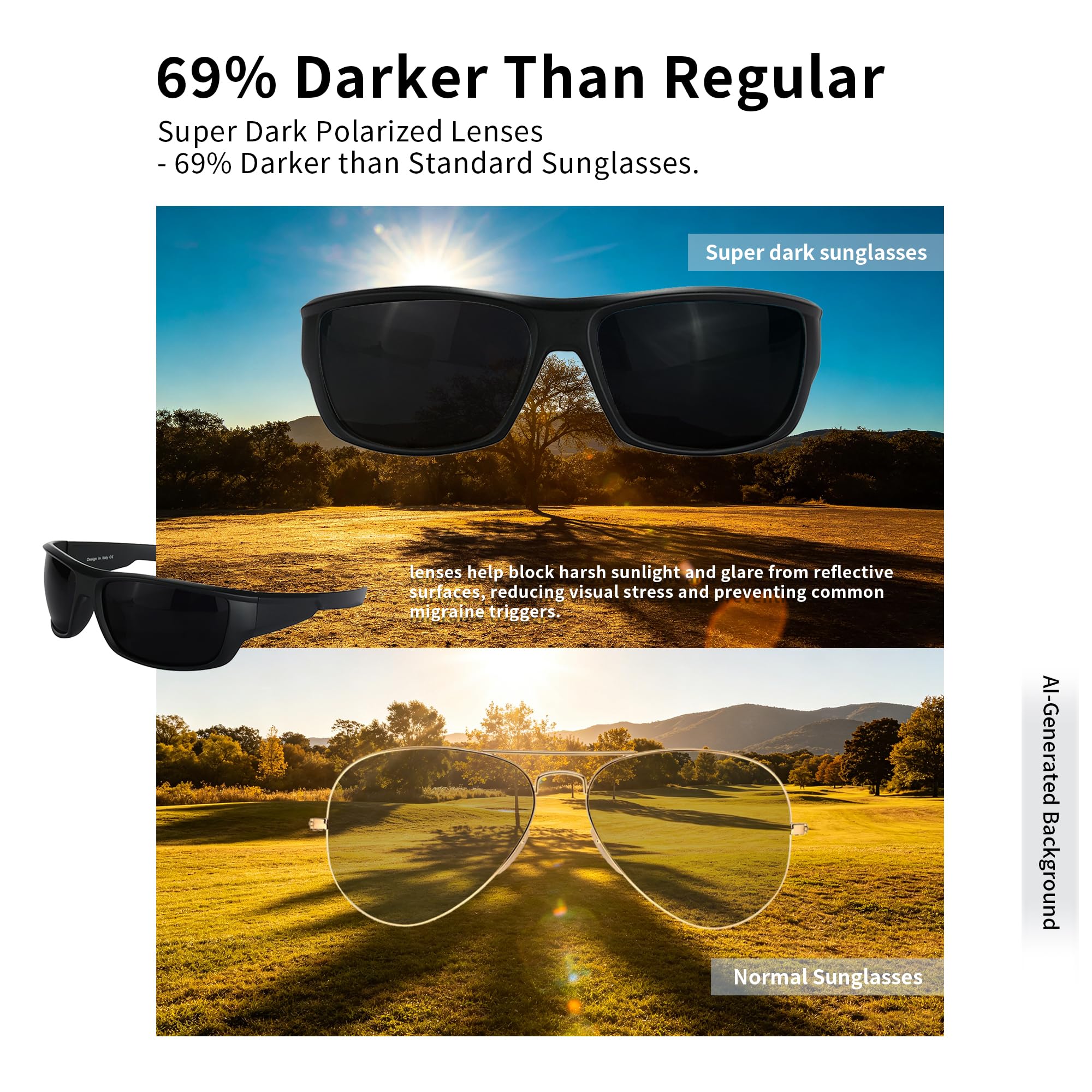 PLOPLO Polarisierte Sonnenbrille, Biker-Fahrer, zum Umwickeln, Sport-Sonnenbrille, UV400-Schutz, für empfindliche Augen, super Dunkelschwarz, mattschwarz, Oversized