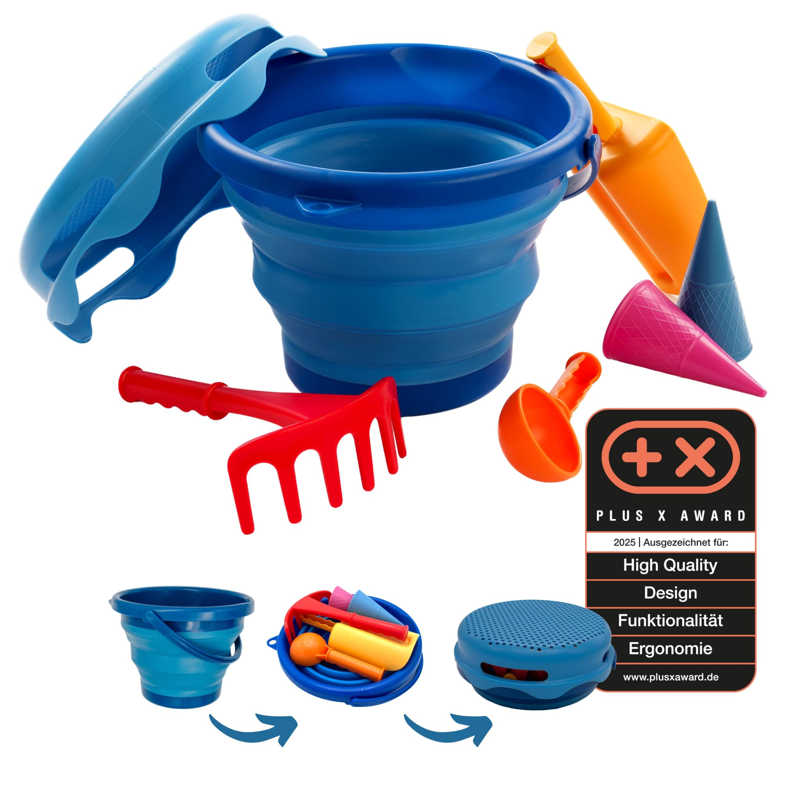 Schildkröt 7in1 Sand Toys Set, innovatives Sand-Spielset im Handtaschenformat, kompakt und platzsparend, Faltbarer 3 Liter Eimer mit 6 Sandspielzeugen zum Graben, Formen, Sieben und Rechen, 970244