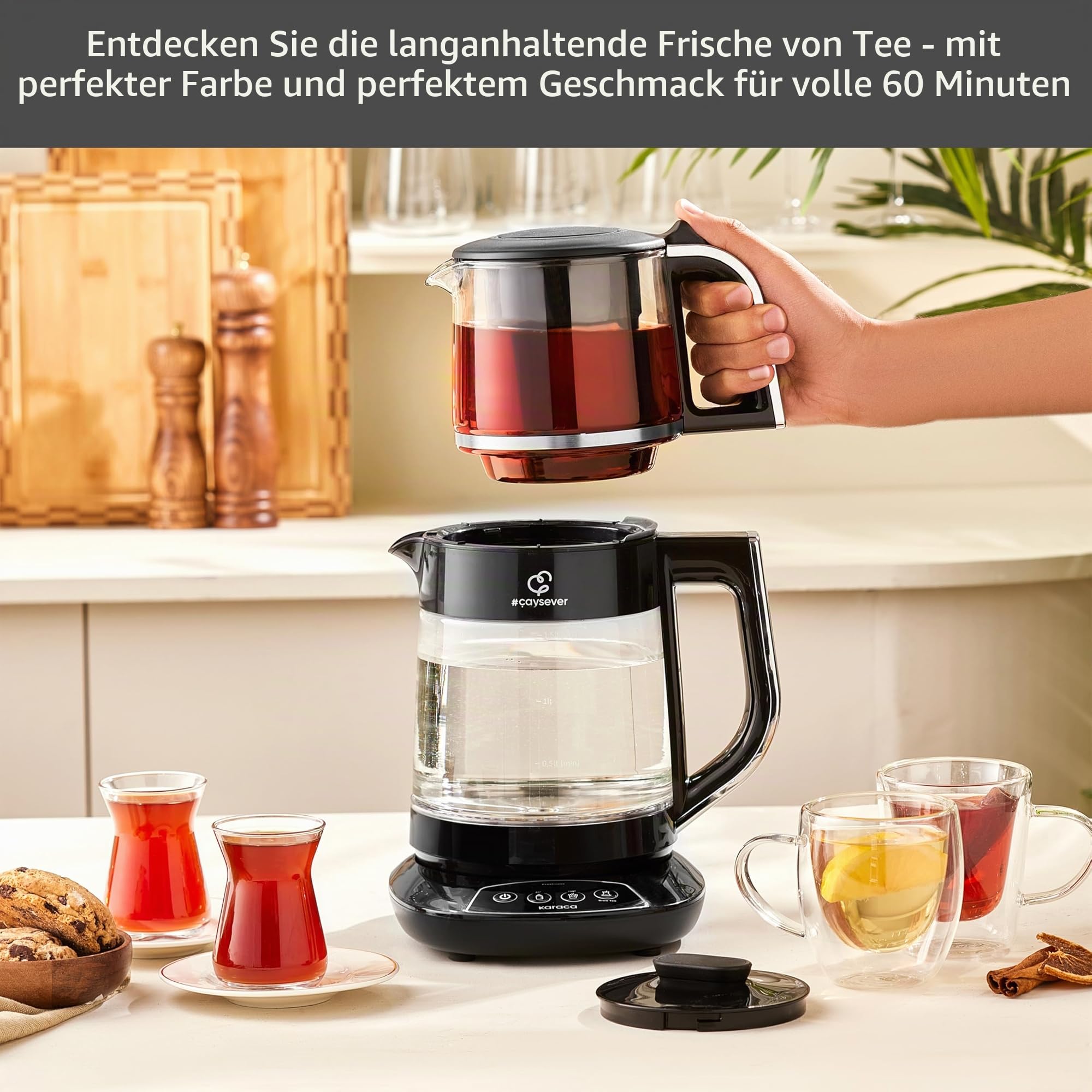 Karaca Caysever Maschine, Stahl, Chrome 1700 W, BPA-frei, 0,8 Lt Fassungsvermögen Glas-Teekanne, 1,5 Lt Fassungsvermögen Wassertank, Wasserzubereitung