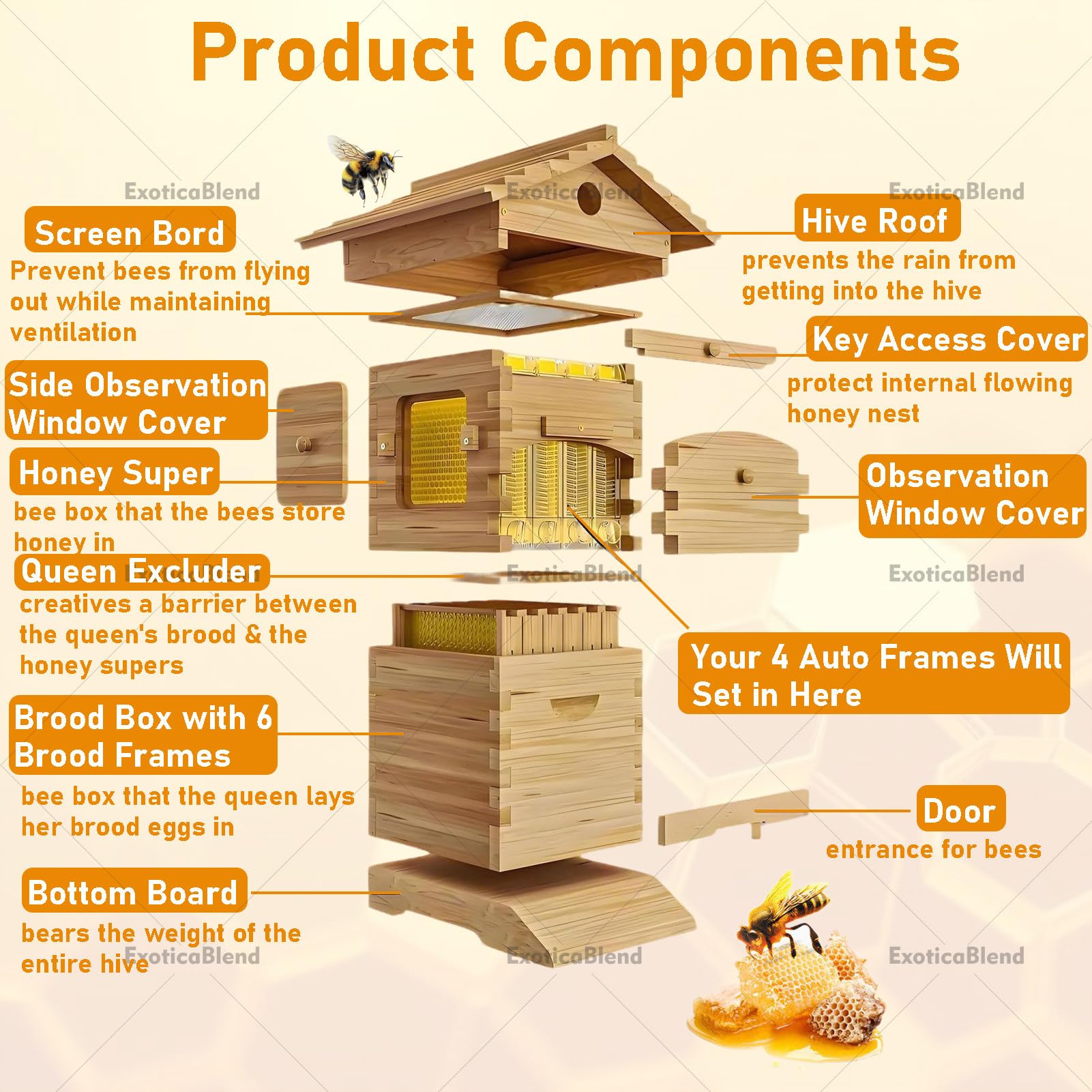 Kit Completo per Apicoltura per Principianti, Arnia in Legno con Finestra di Osservazione e Rubinetto per Il Miele, Include Casetta per Api Carpentiere per Giardini Amiche