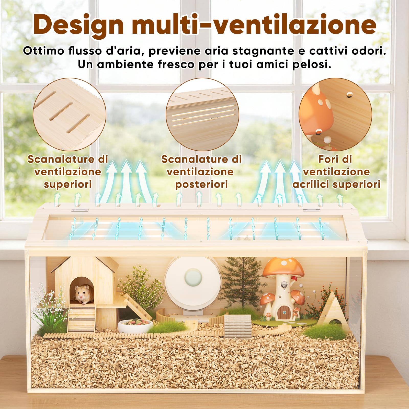 X XBEN Gabbia per Criceti in Legno, Tetto Apribile & Ventilazione Multipla | Vivarium Acrilico Spazioso, Cornice Legno Naturale per Criceti Nani, Roditori, Topi,Piccoli Animali 80L×40W×40H cm (0,128 m³)