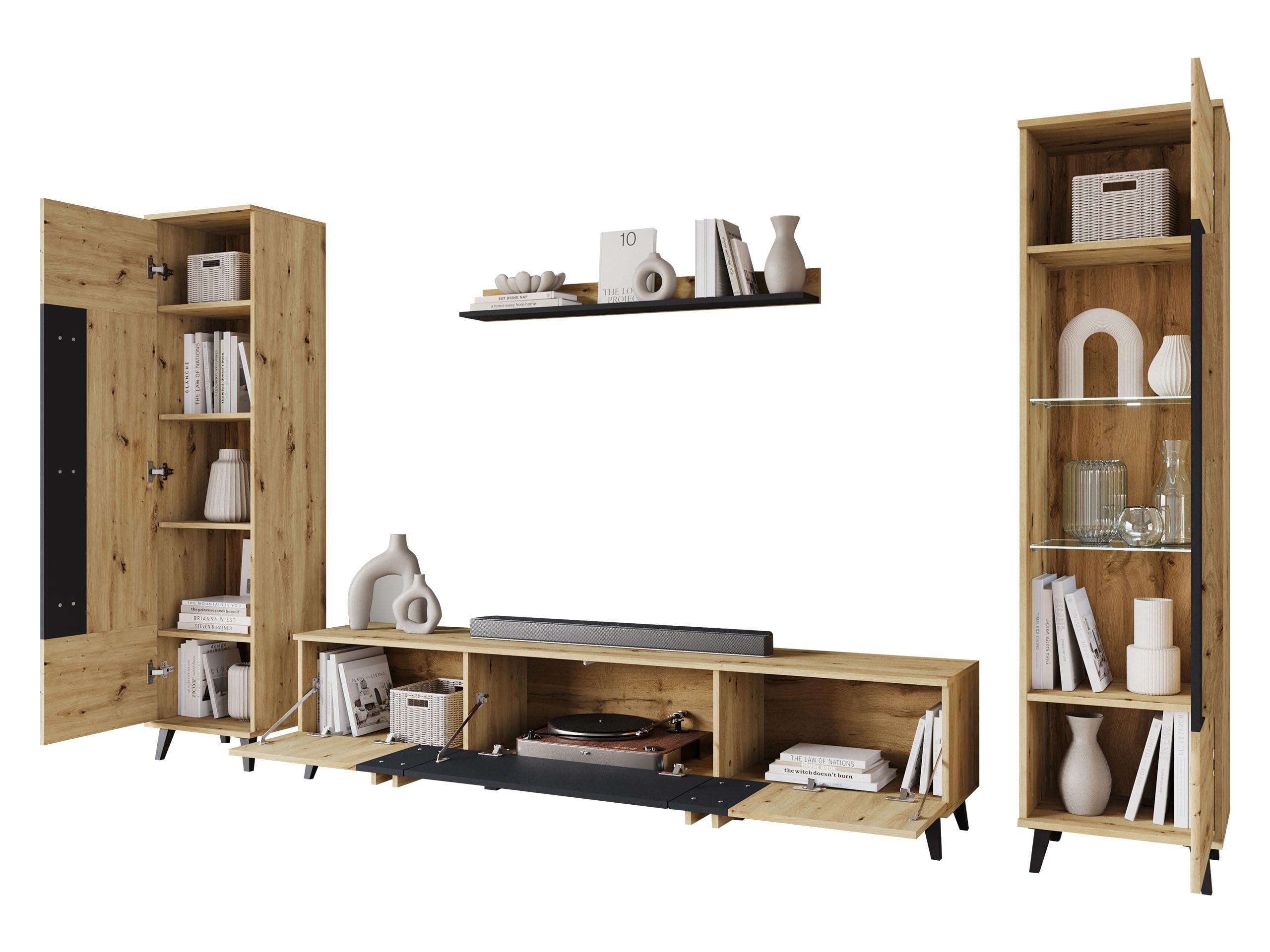 Mirjan24 Wohnzimmer-Set Hailea II, Wohnzimmerschrank, Schrankwand, im Set: Regal, Vitrine, Wandregal, TV-Lowboard (Congo/Schwarzer Graphit, ohne Beleuchtung)