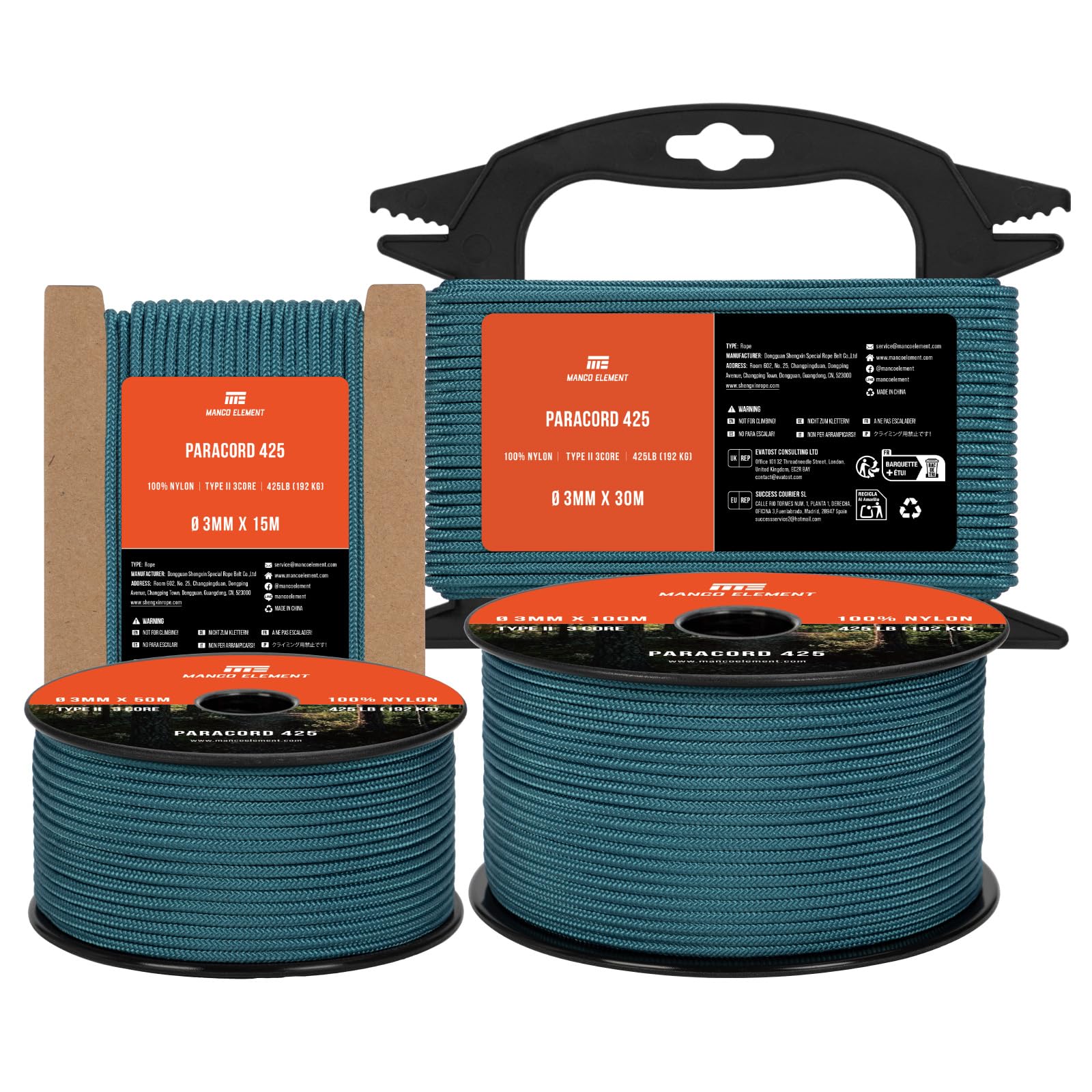 Manco Element 3mm Paracord 425 Type II 30m Teal | 100% Nylon Rope 3 Strands Tactical Cord | Ideal for Outdoor, Camping, Survival, Crafting, DIY