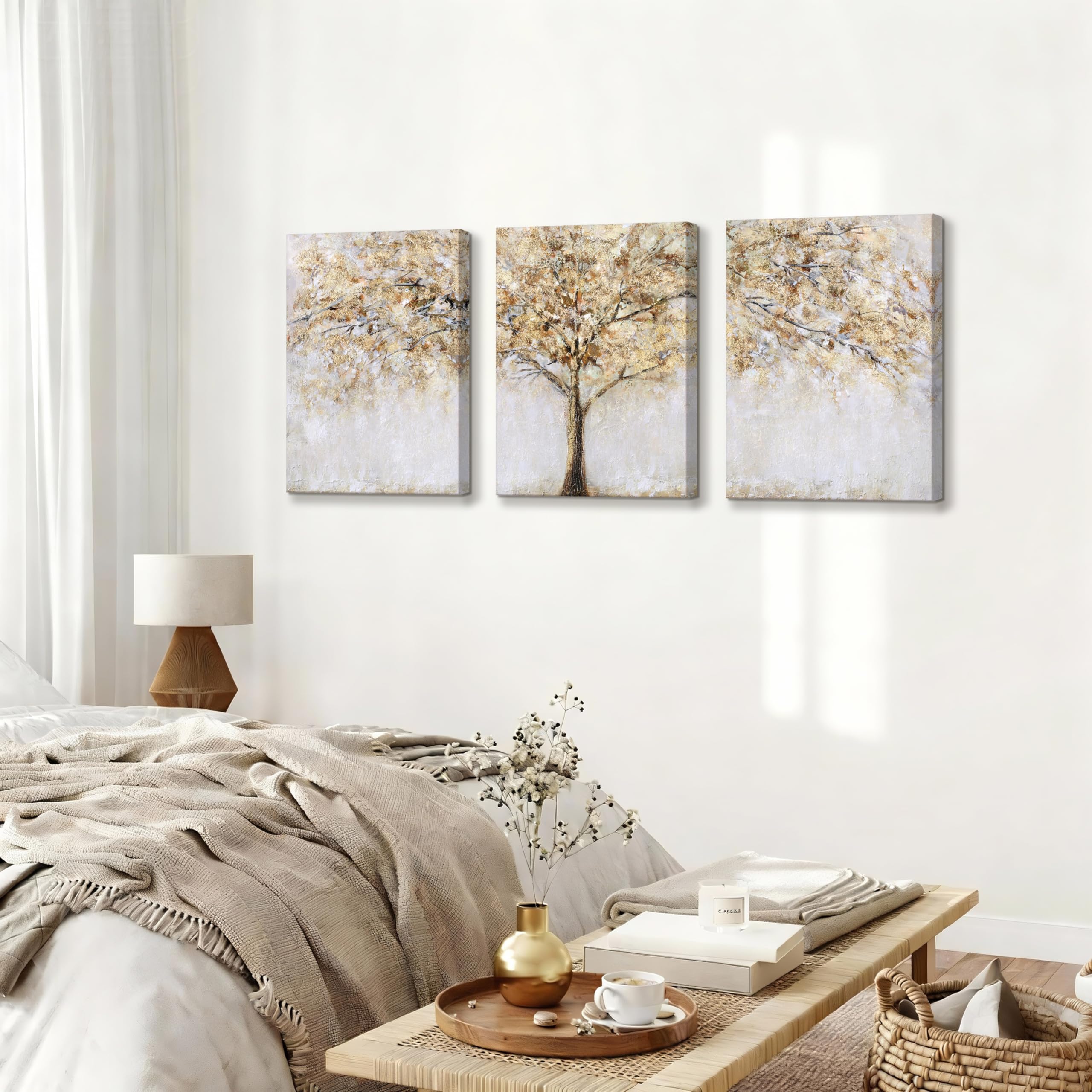 3 Pcs Marco de Madera Cuadro Modernos Lienzo Pintura Poster Autumn Árbol Imagen Foto Abstracto Amarillo Cuadros Decorativos Salon Dormitorio Comedor Pasillo Oficina Decoracion Pared 50cmx70cmx3