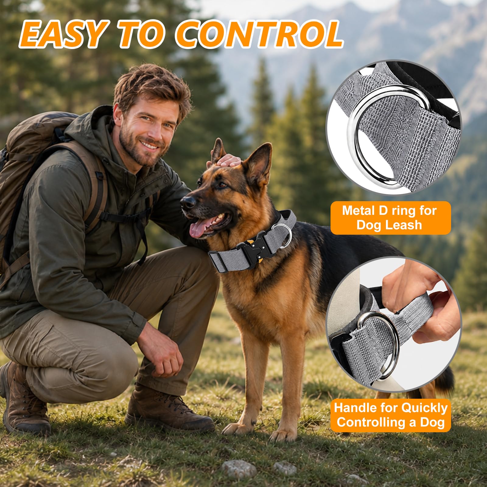 Collare Cane Tattico con Manico, Militare Regolabile (Grigio, L) | Fibbia in Premium D-Ring, Imbottito in Nylon, Resistente e Spesso, per Cani di Taglia Media Grande Caccia Allenamento Caccia
