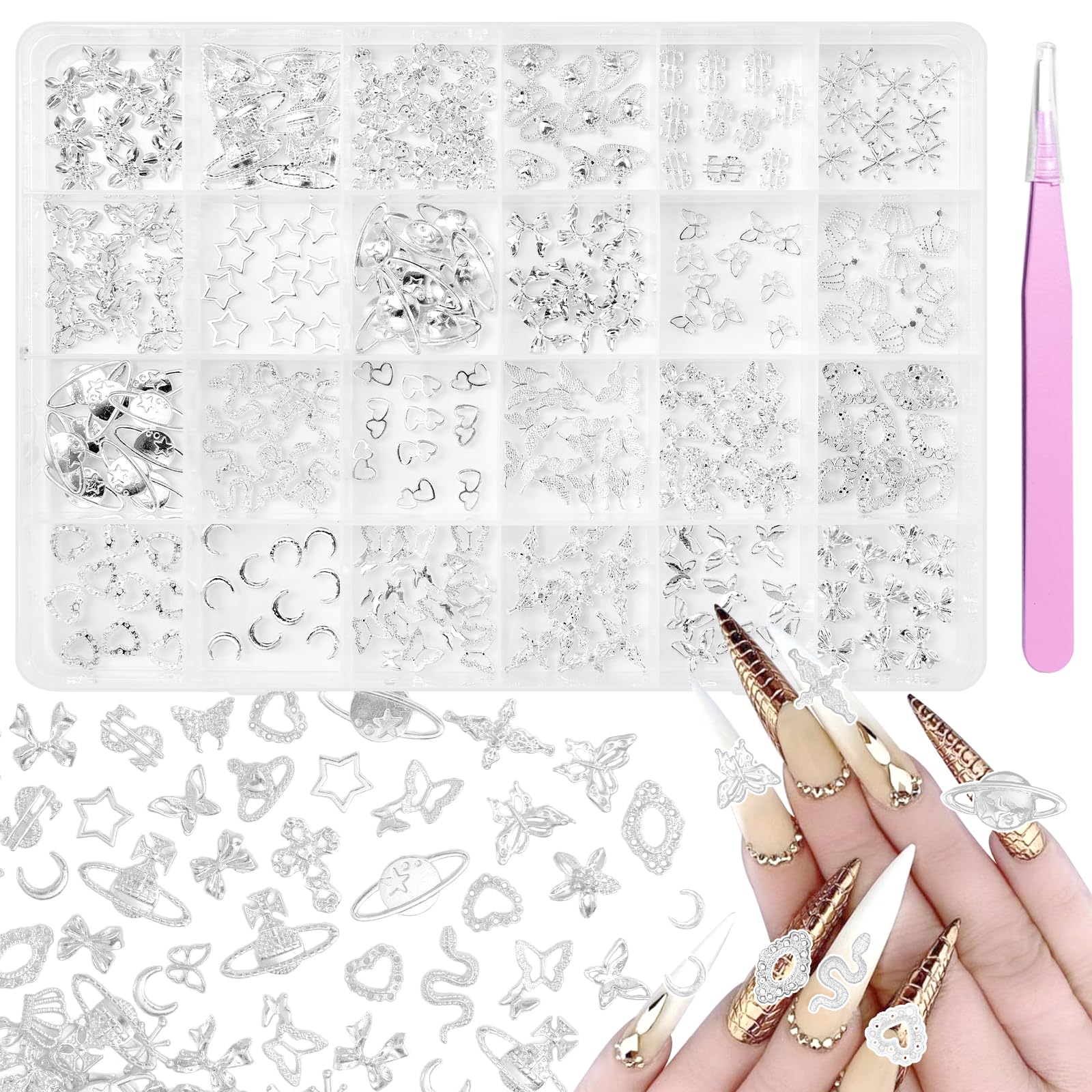 240Pcs 3D Silver Nail Charms Mixed Alloy Crown Bows Cross Nail Gold Charms Set 2-Silver