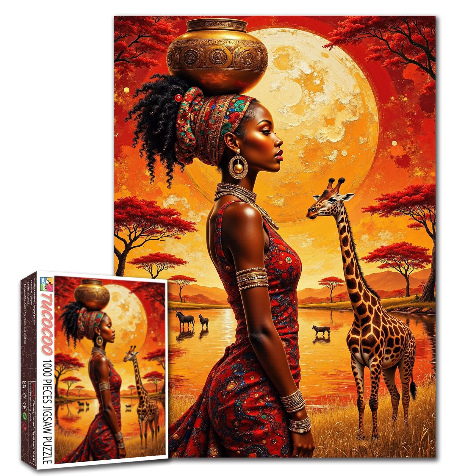 1000 Piece Puzzle for Adults African Woman Jigsaw Puzzle Large Size 19.7 x 27.6 Inches Safari Wildlife Giraffe Sunset Nature Art Puzzles Colorful Fun Challenge Family Game Gift Home Decor Wall Art โ image 1