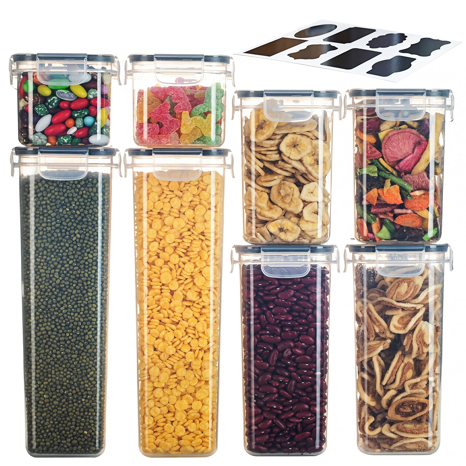 AmzDaKai Airtight Food Storage Containers Set 8-Pack, 4 Sizes Plastic Cereal Storage Containers with Durable Lids, Kitchen Pantry Organizers for Cereal, Pasta, Flour, Sugar, Nuts - Includes 10 Labels
