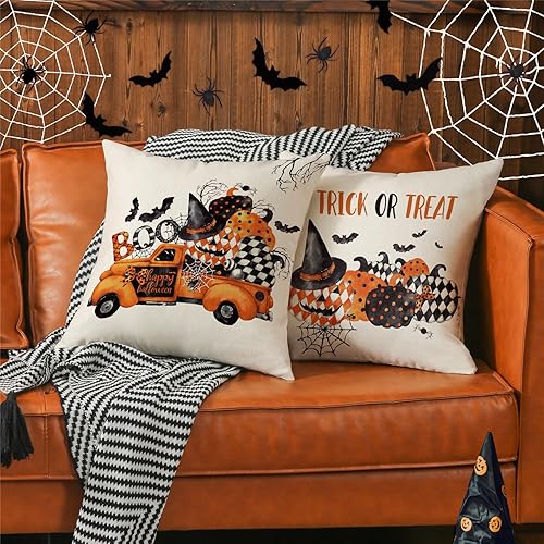 Miniatura 6 de Fundas de almohada de Halloween de 18 x 18 pulgadas, juego de 4 fundas de almohada de tela de araña, murciélago, camión, decoraciones de Halloween,