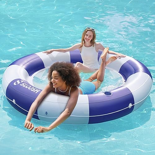 SLOOSH Flotador inflable para piscina con malla, flotadores de piscina de 80 x 80 pulgadas, doble anillo redondo para adultos, balsa flotante para